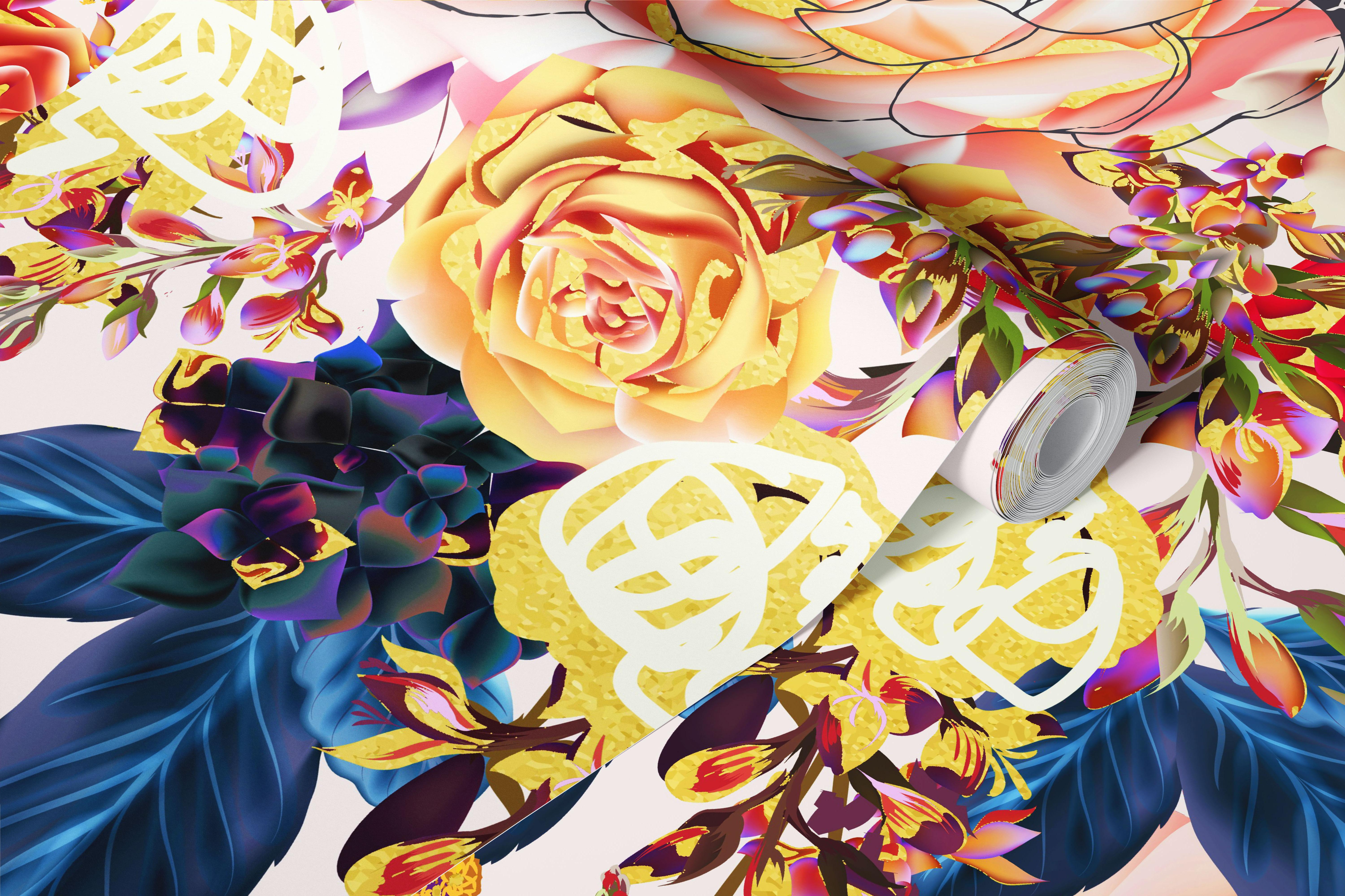 Colorful floral pattern wallpaper featuring large roses and leaves
