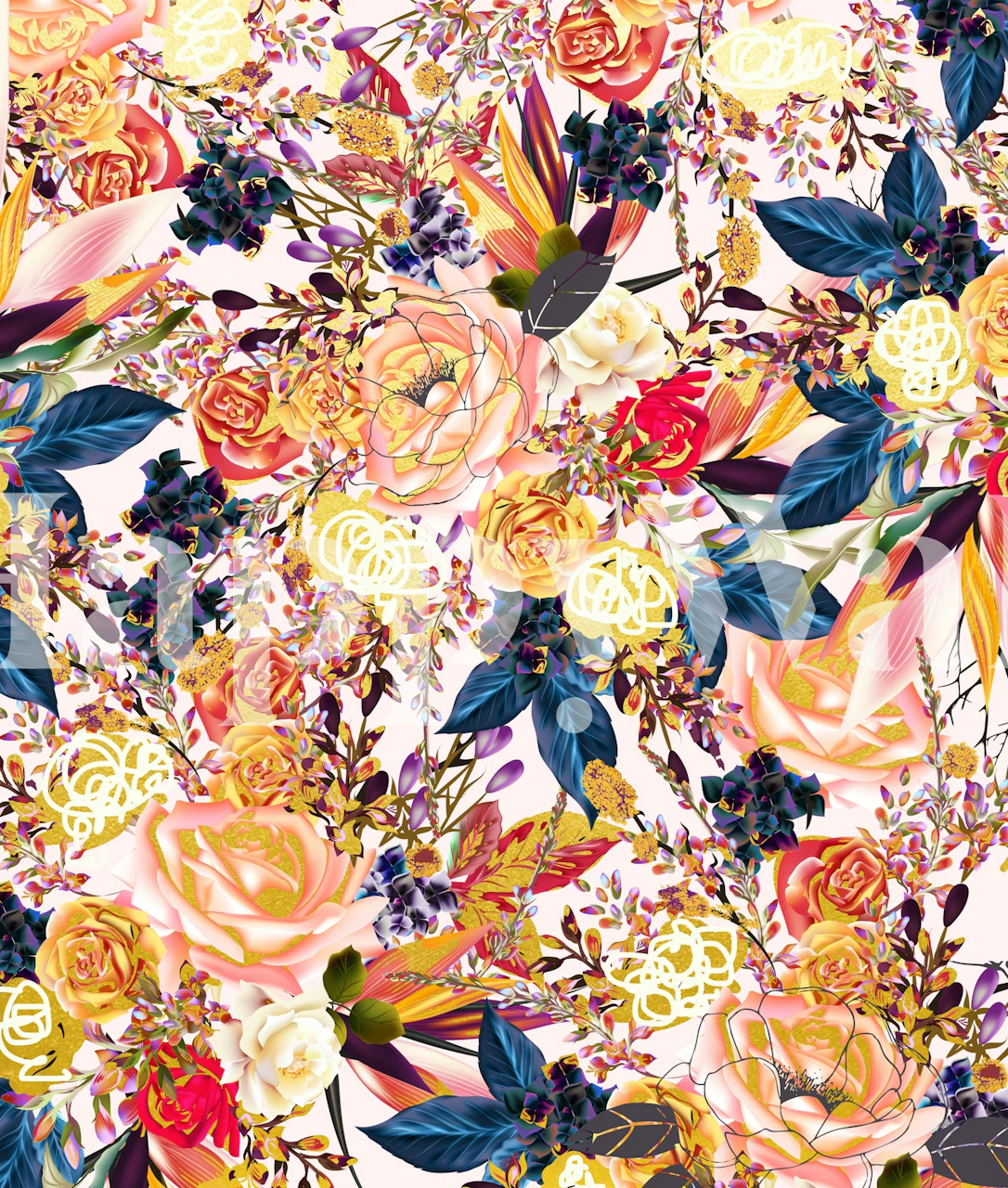 Colorful floral pattern wallpaper featuring large roses and leaves