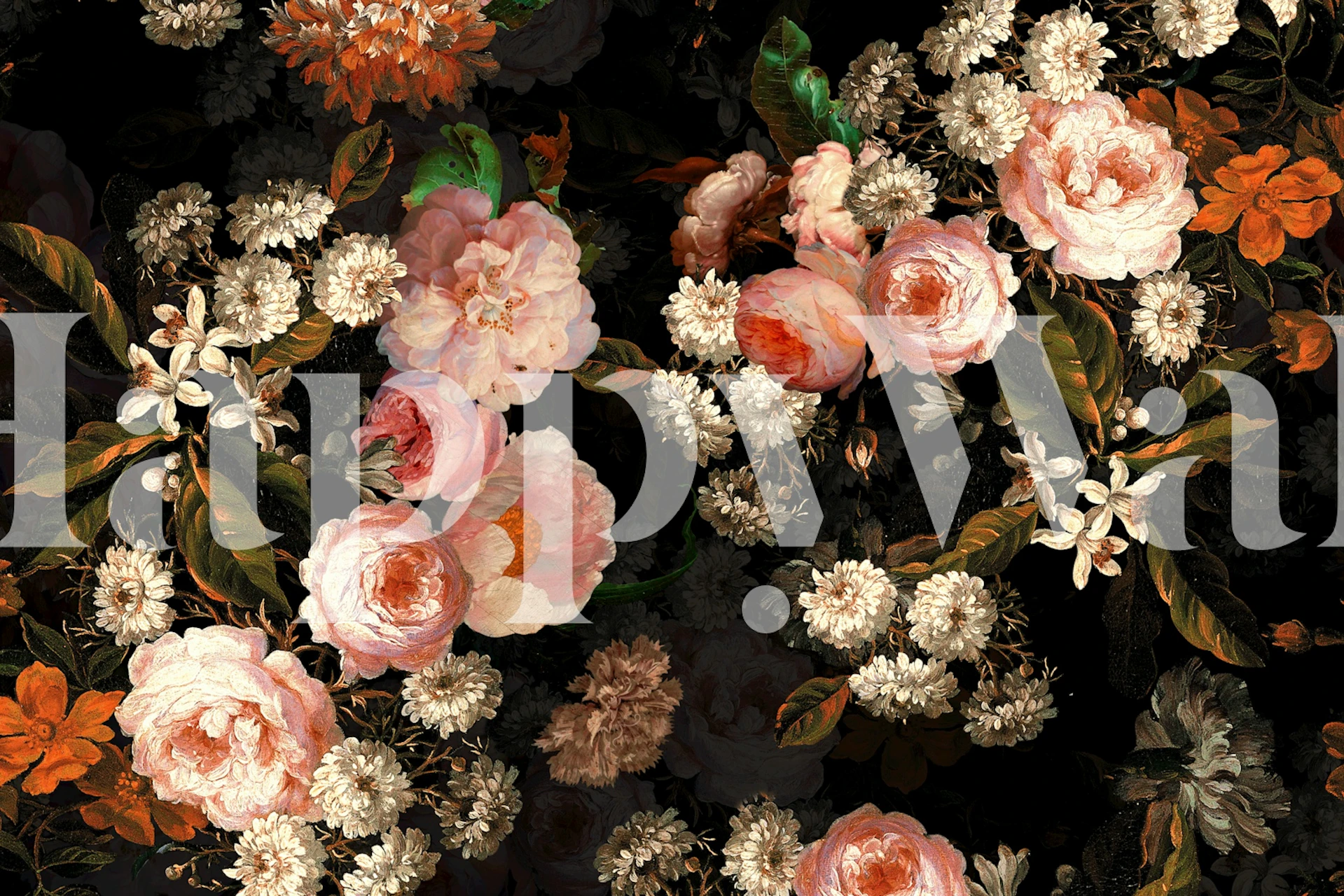 Peach and white floral motifs with green leaves on black wallpaper