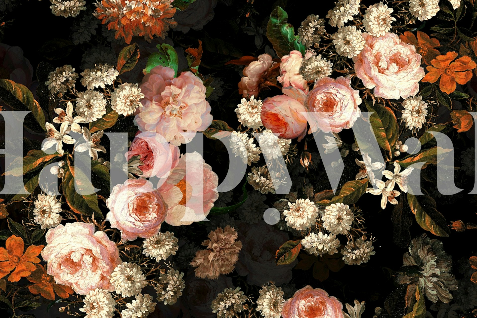 Peach and white floral motifs with green leaves on black wallpaper