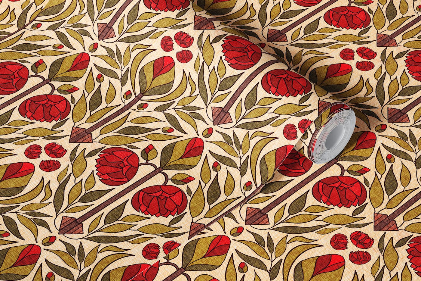 Glasgow Roses - Crimson and Olive Green - S wallpaper roll