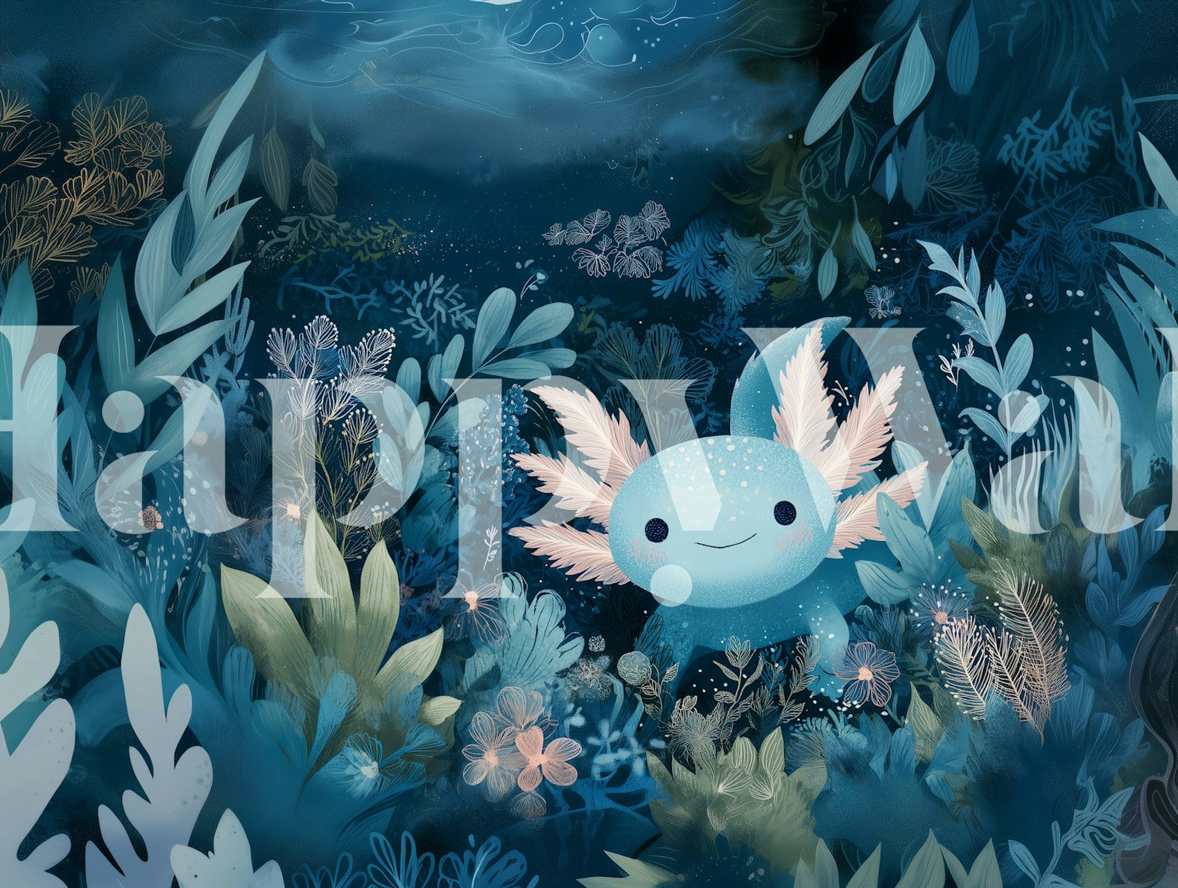 Dreamy Axolotl Oasis Blue wallpaper in a room