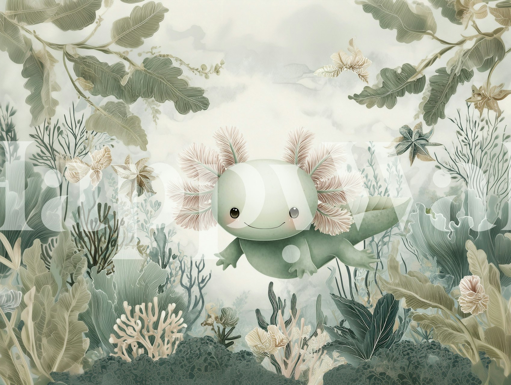 Illustration of a cute axolotl surrounded by soft green plants and flowers wallpaper
