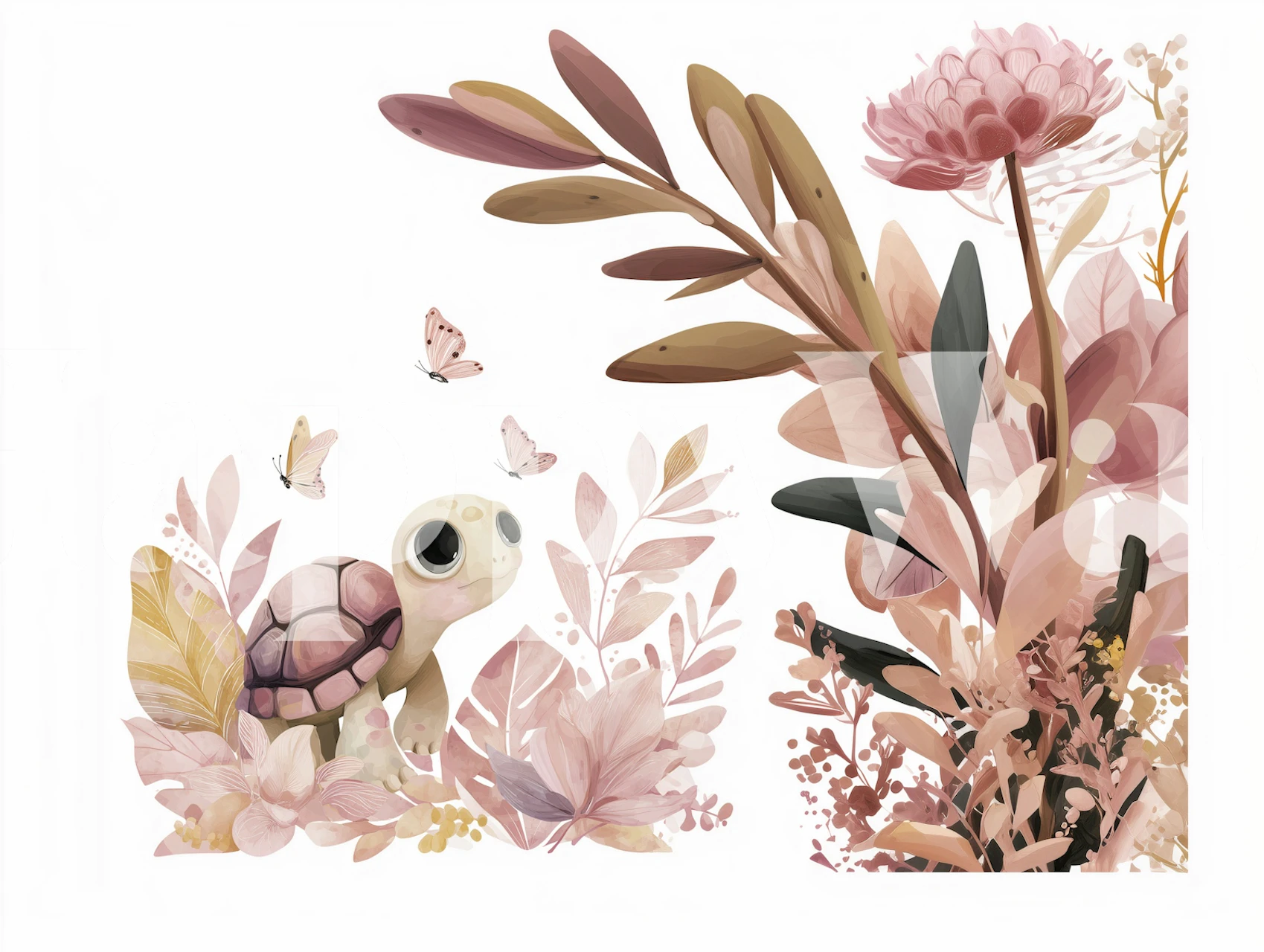 Whimsical turtle garden wallpaper in a room