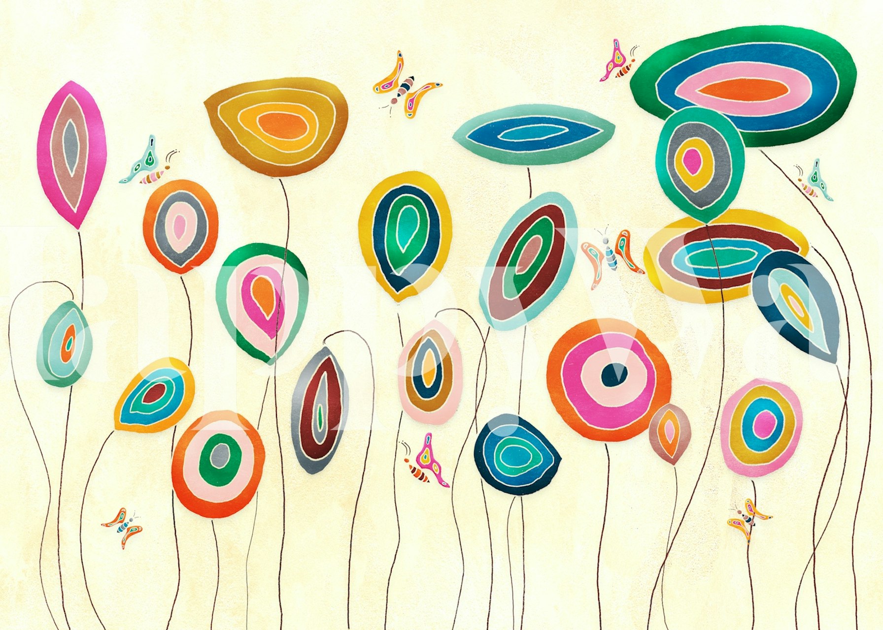 Colorful floral patterns with round shapes and butterflies wallpaper