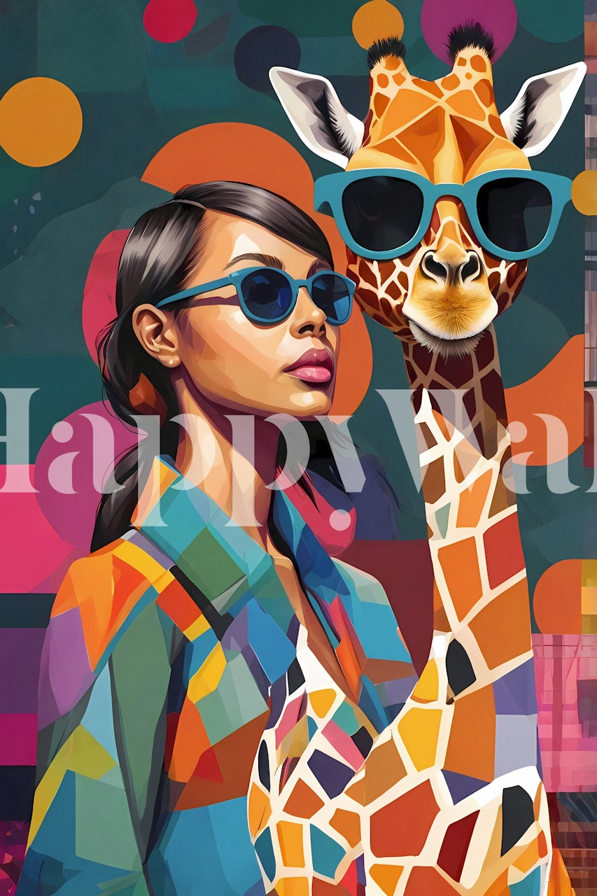 Colorful giraffe and woman illustration in sunglasses, vibrant wallpaper