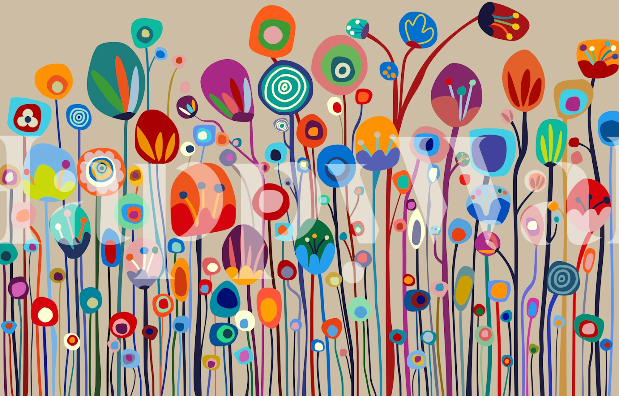 Colorful floral patterns with bright shapes on beige wallpaper