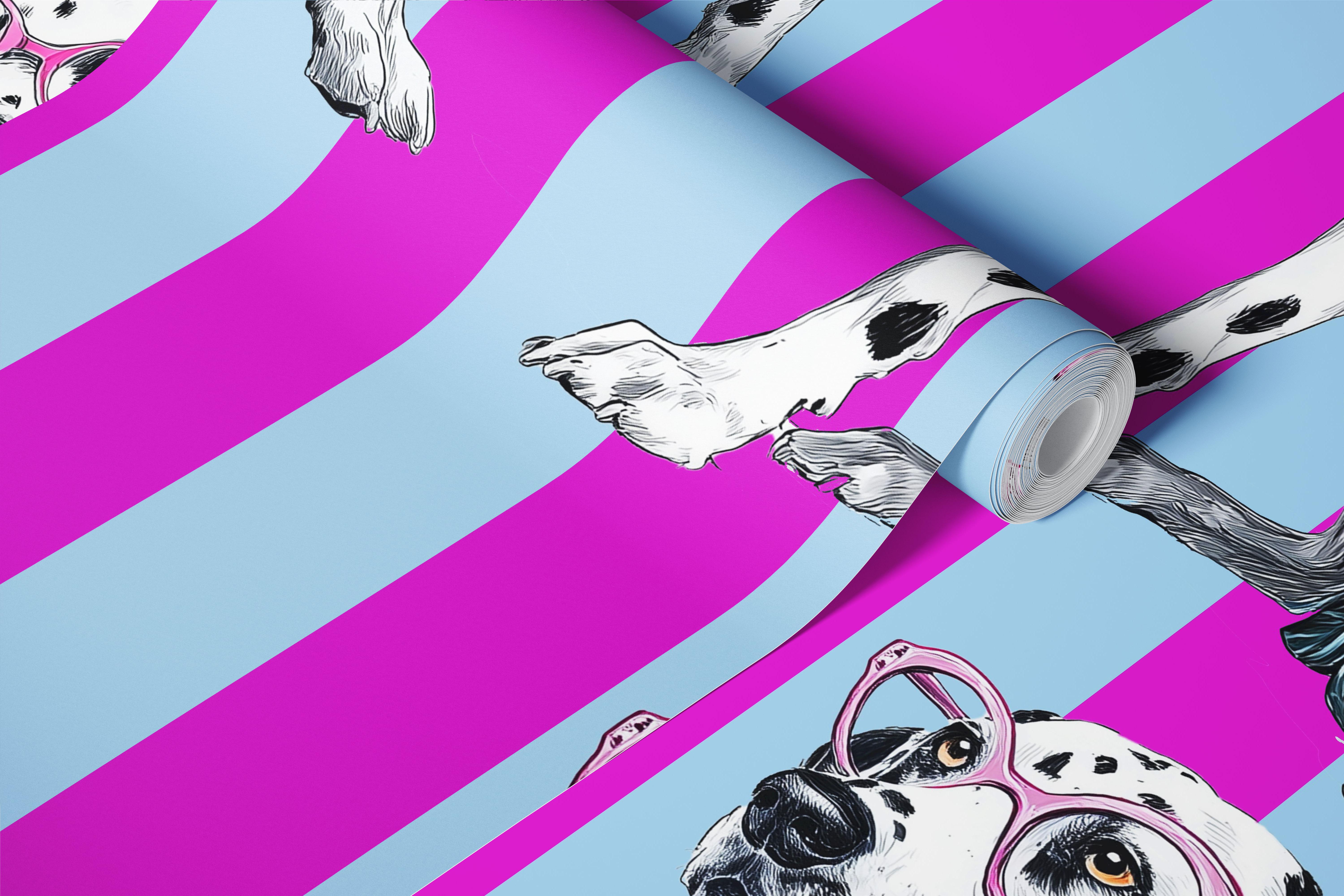Dalmatian dogs in glasses on colorful striped background wallpaper