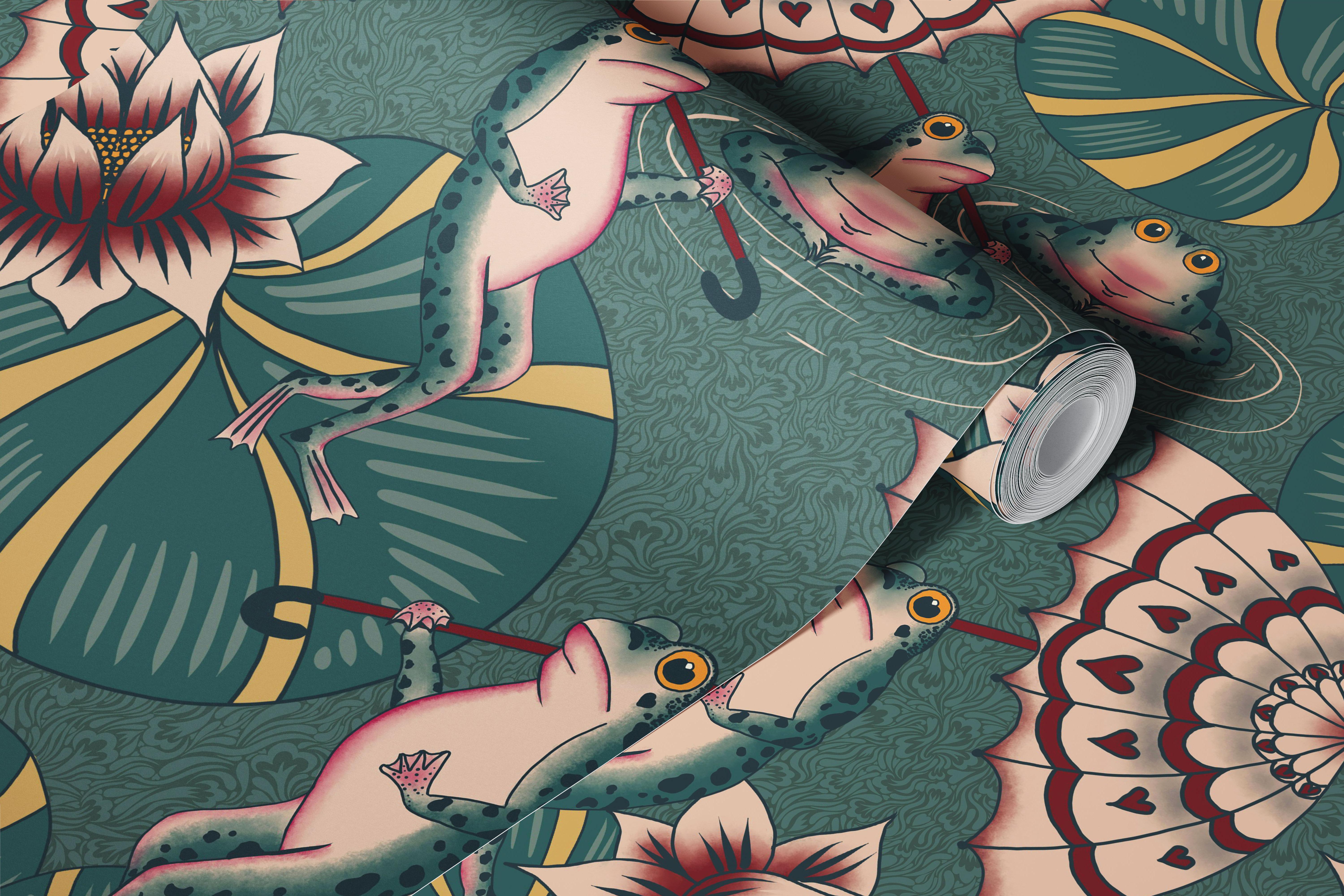 Frog and lotus flowers in pink and green on teal wallpaper