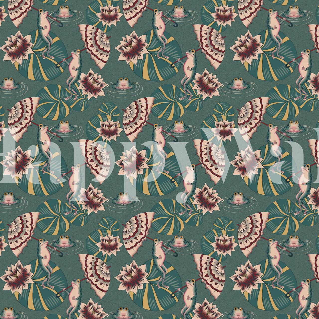 Frog and lotus flowers in pink and green on teal wallpaper