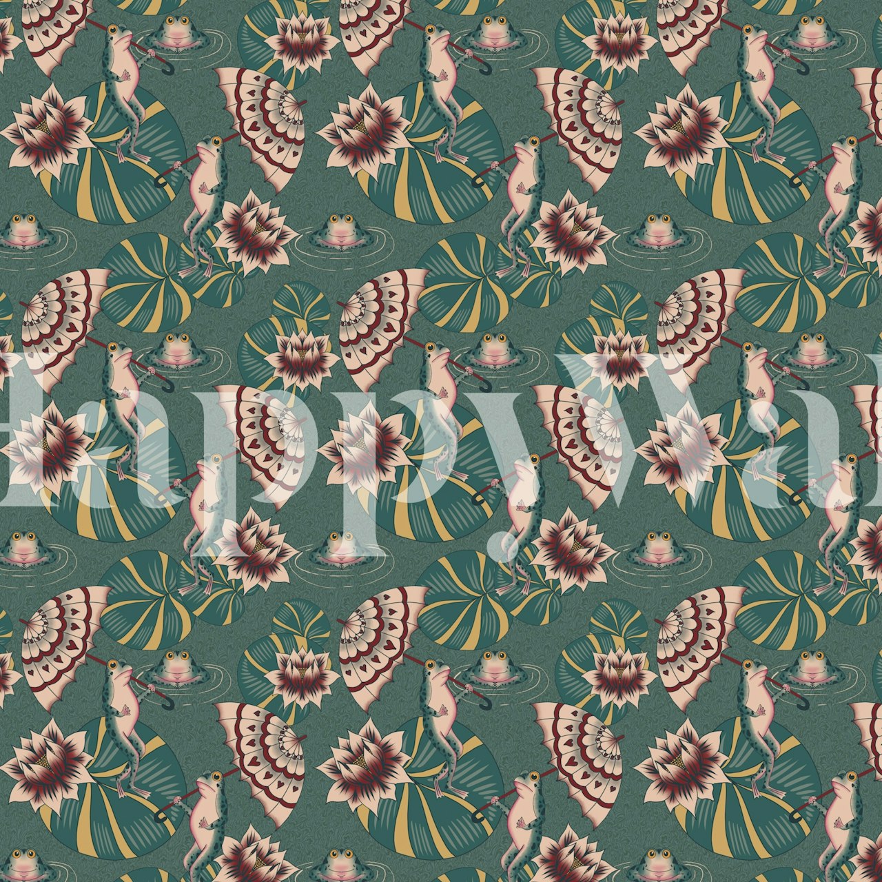 Frog and lotus flowers in pink and green on teal wallpaper
