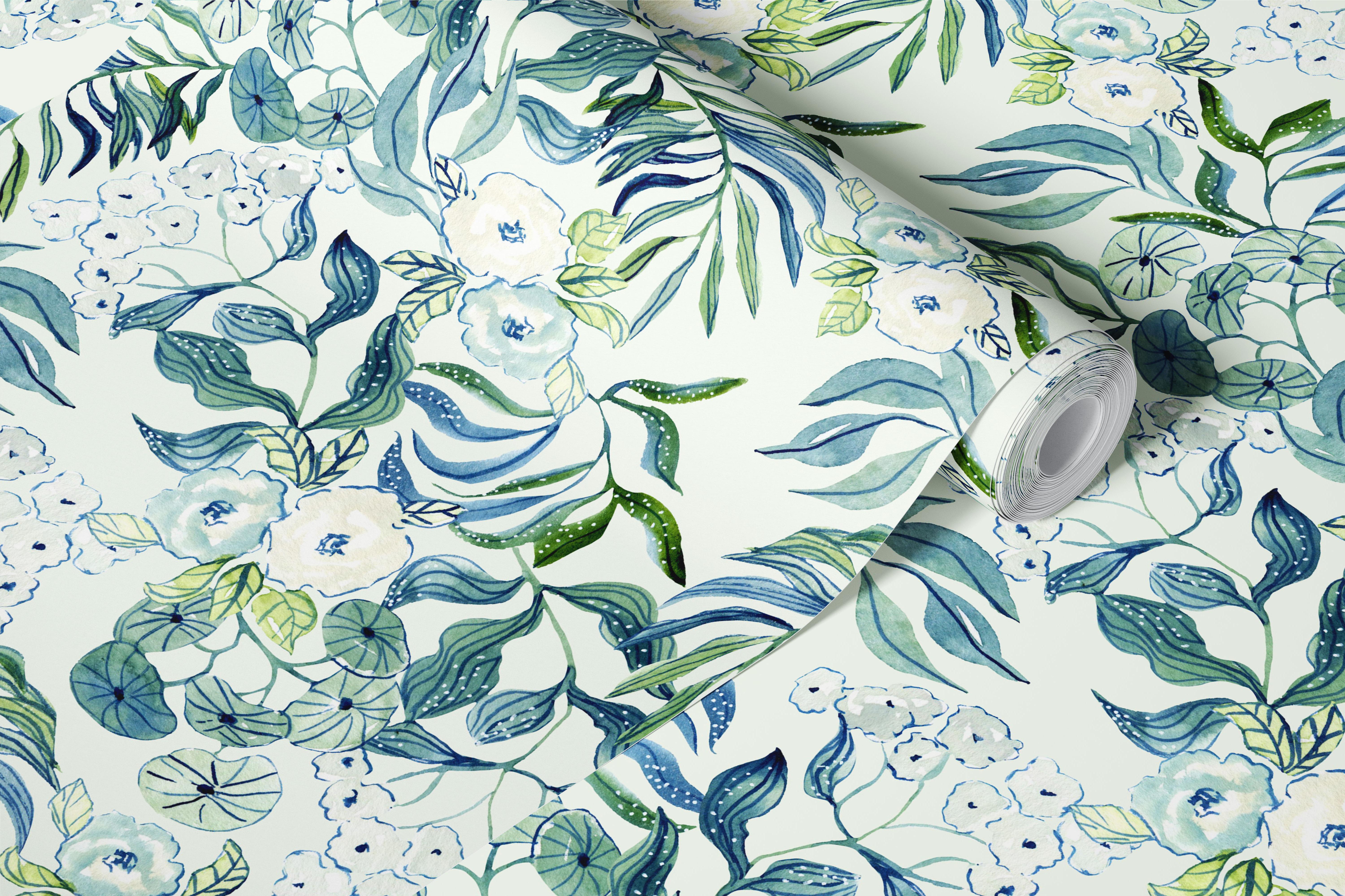 Green watercolor meadow wallpaper in a room