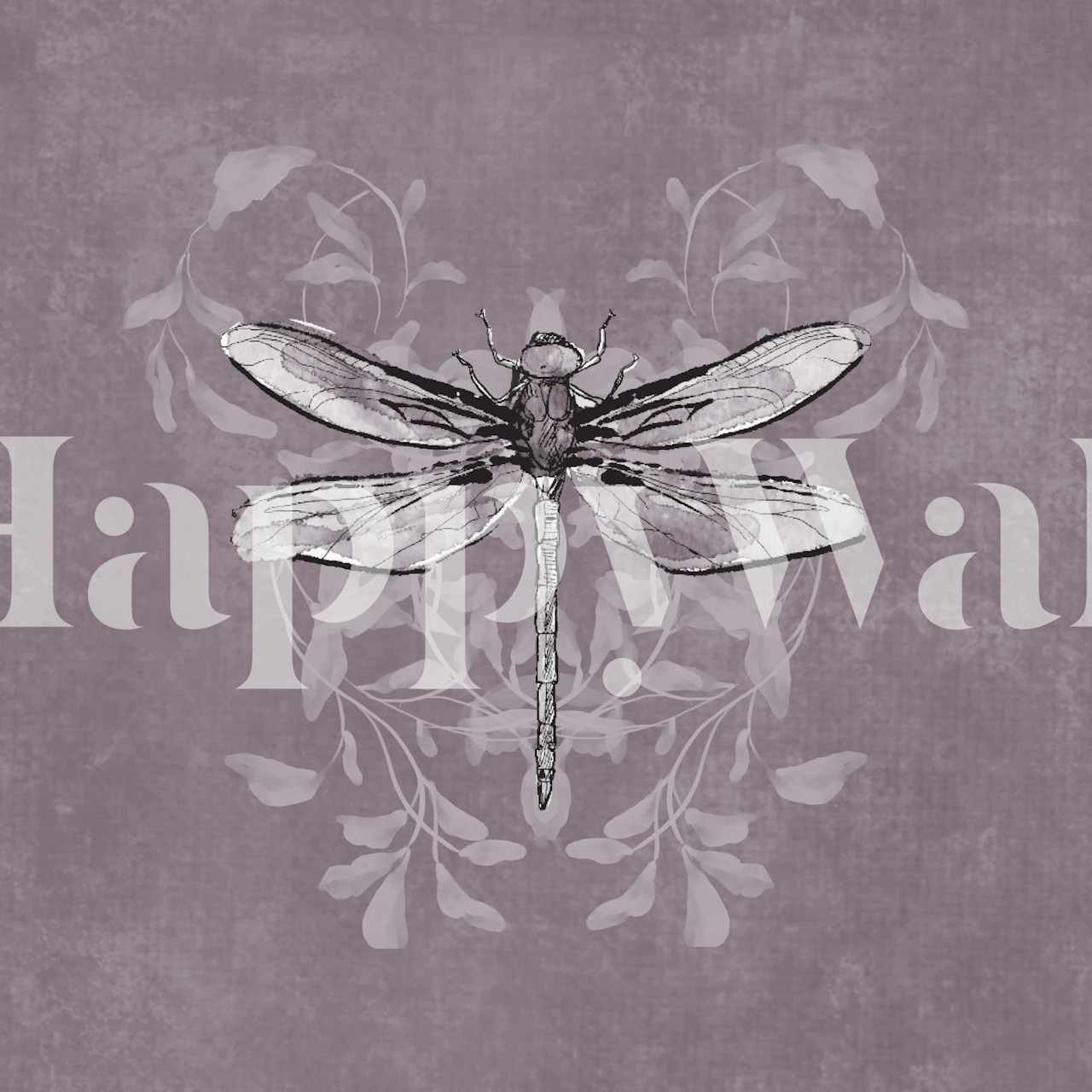 Black and white dragonfly with light floral accents on mauve background wallpaper