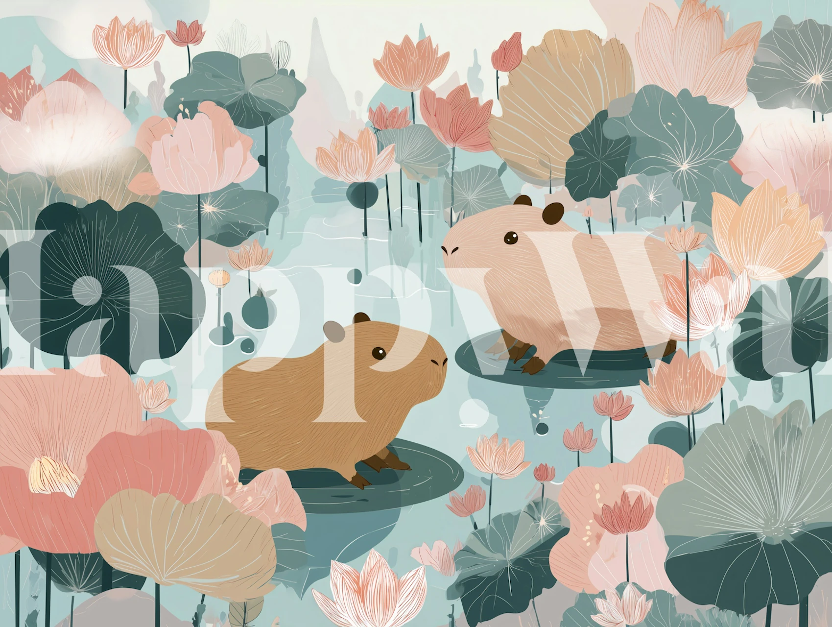 Capybara and lotus flowers on a tranquil blue background wallpaper