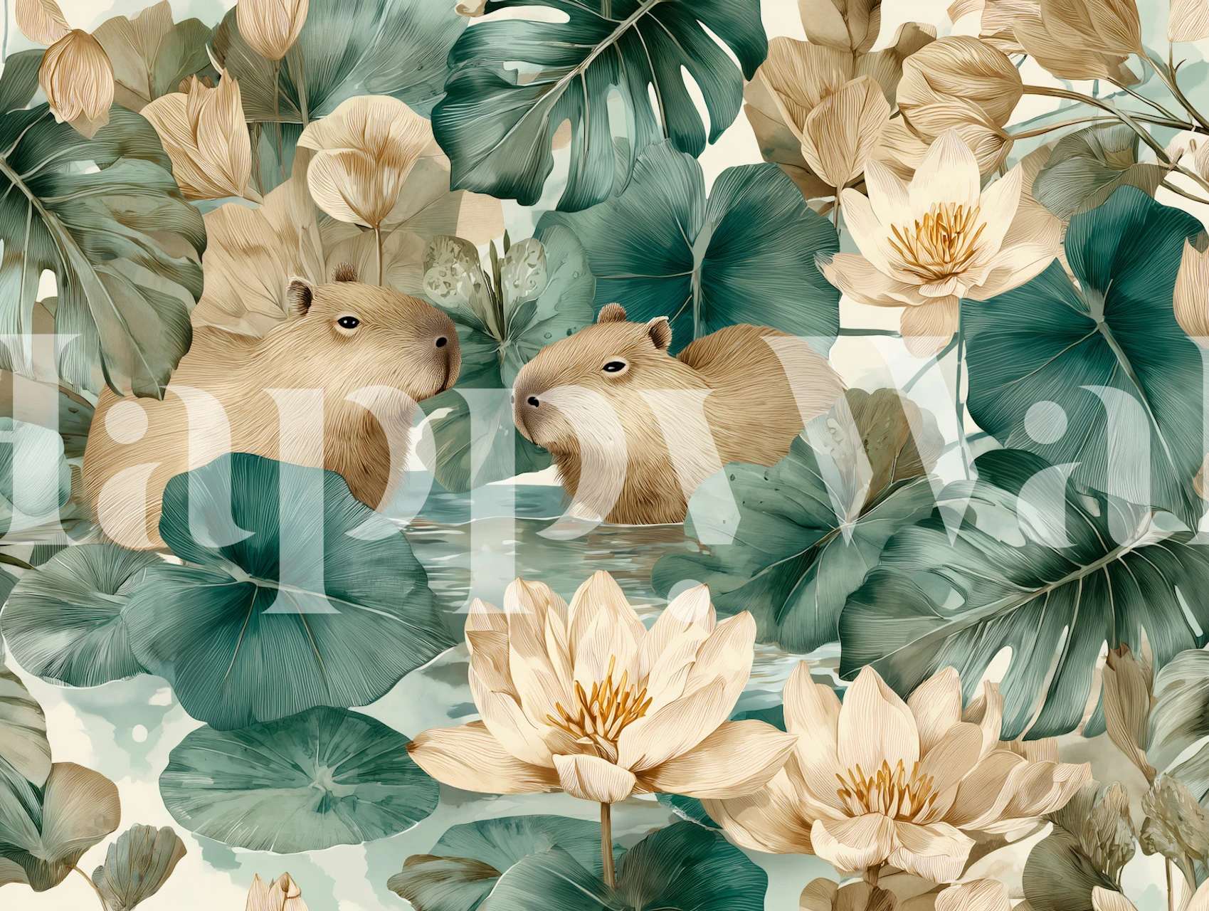 Capybaras among tropical leaves and lotus flowers wallpaper