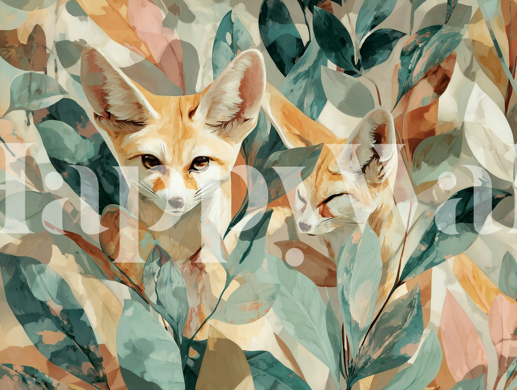 Fennec foxes among lush leaves wallpaper