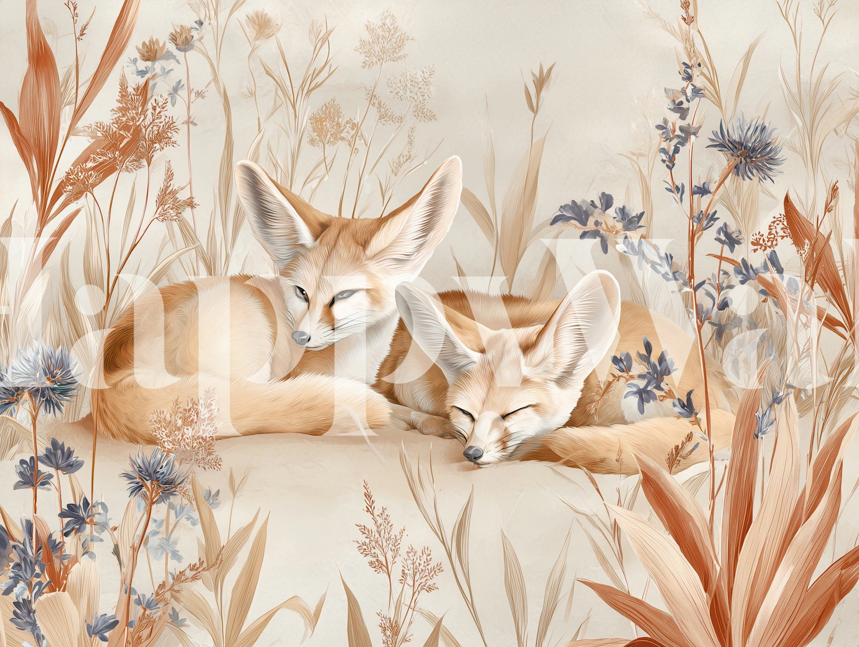 Fennec foxes nestled among soft pastel flowers wallpaper