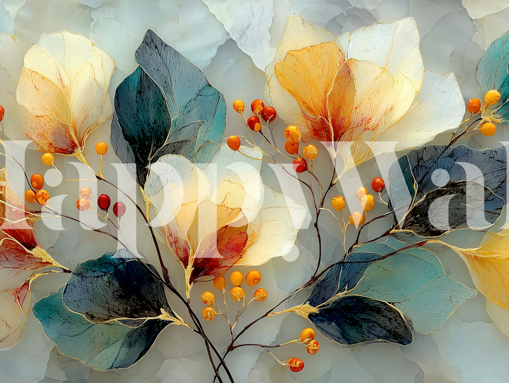 Floral arrangement with orange and blue leaves and flowers wallpaper