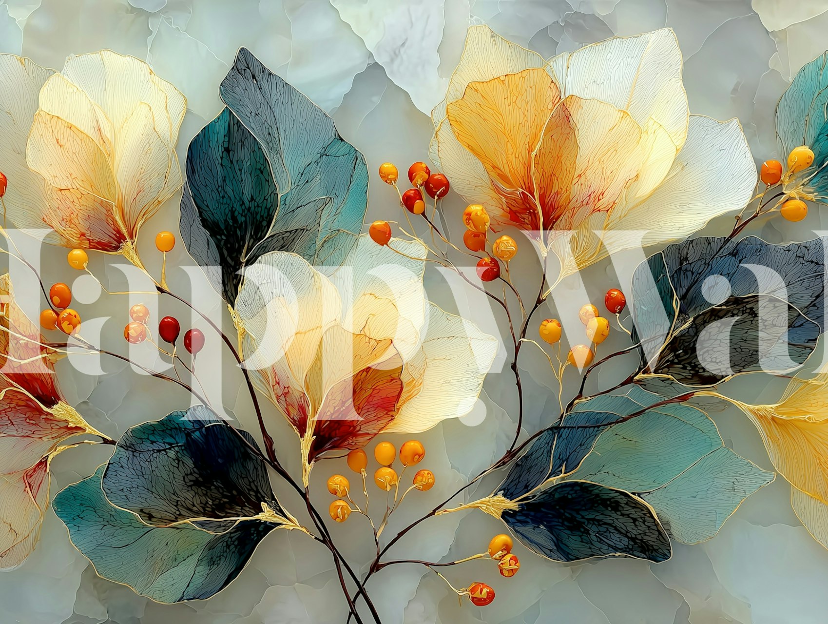 Floral arrangement with orange and blue leaves and flowers wallpaper