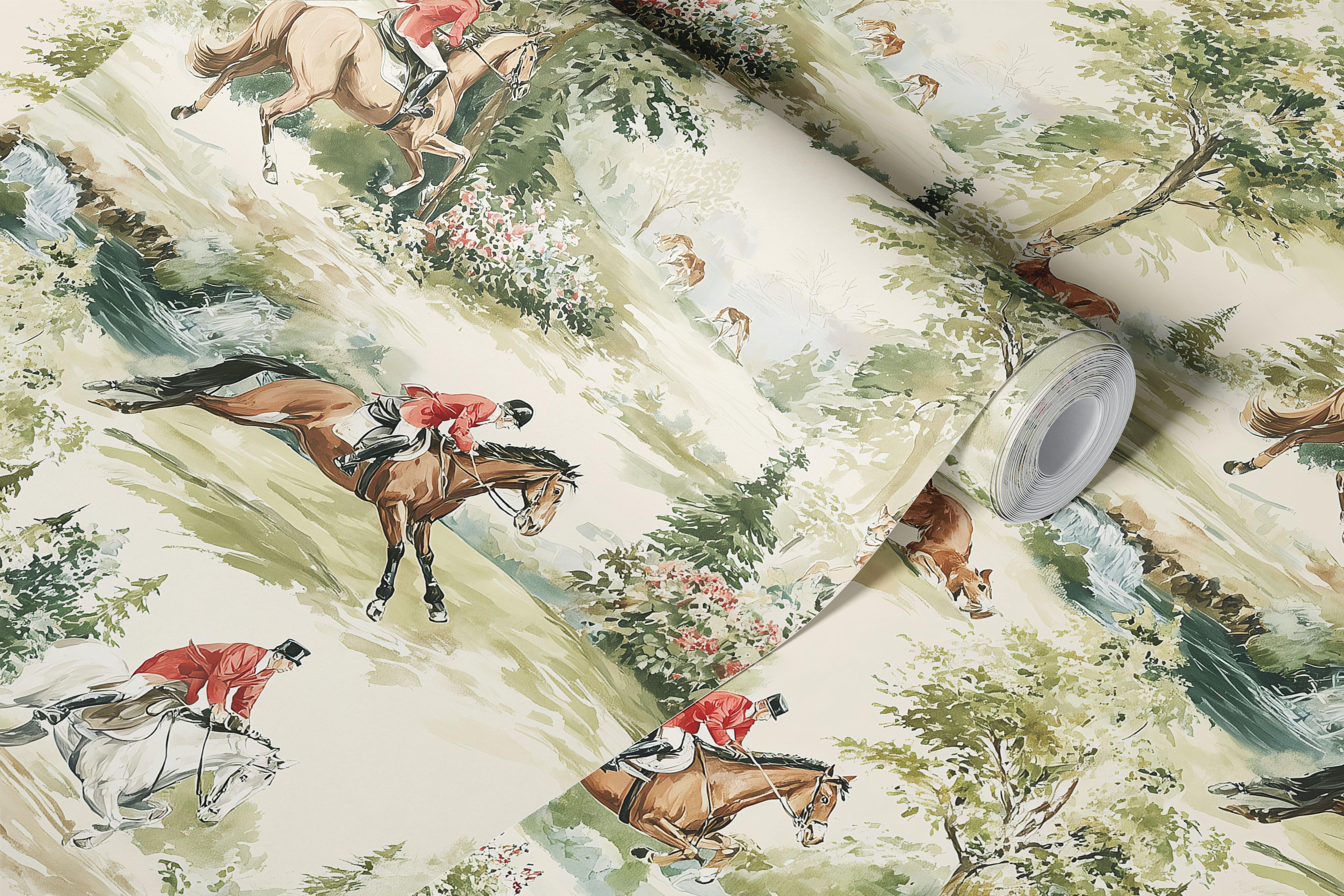Horses galloping through lush landscapes with riders in red jackets. Equestrian wallpaper