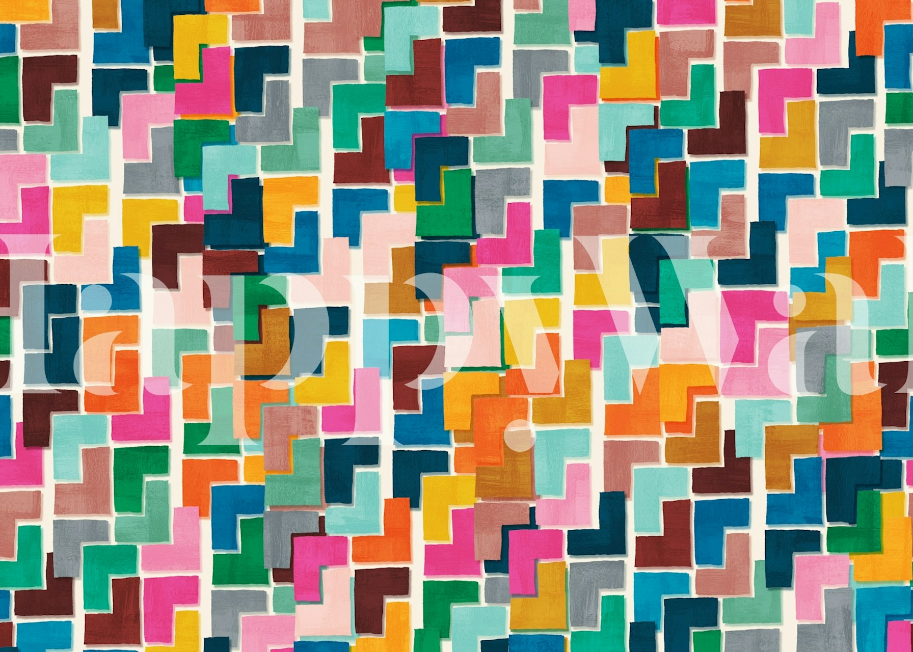 Colorful abstract Tetris pieces wallpaper in a room