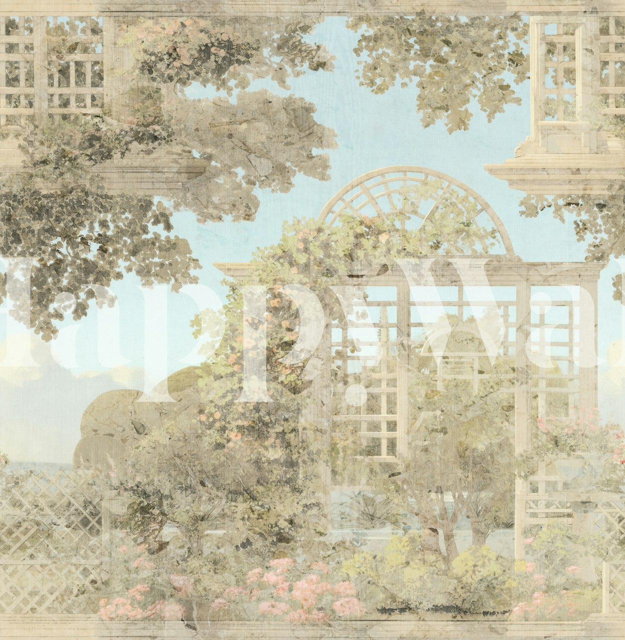 Elegant garden scene with ivy and flowers in soft ivory wallpaper