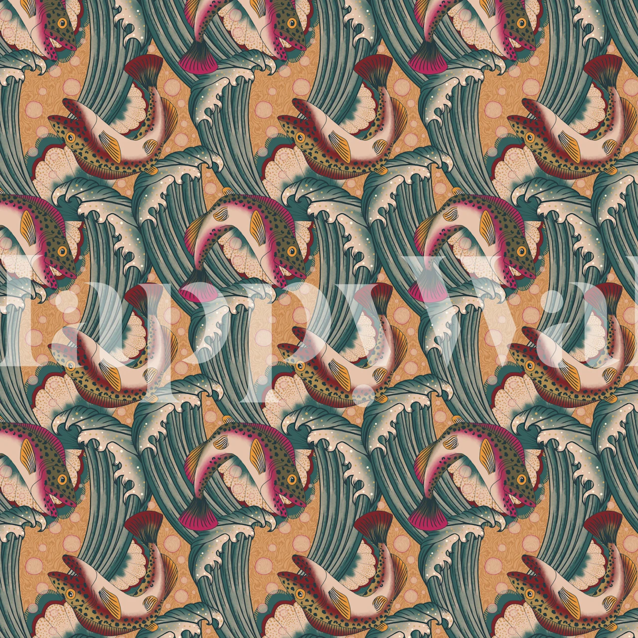 Vibrant fish swimming among turquoise waves with beige background wallpaper