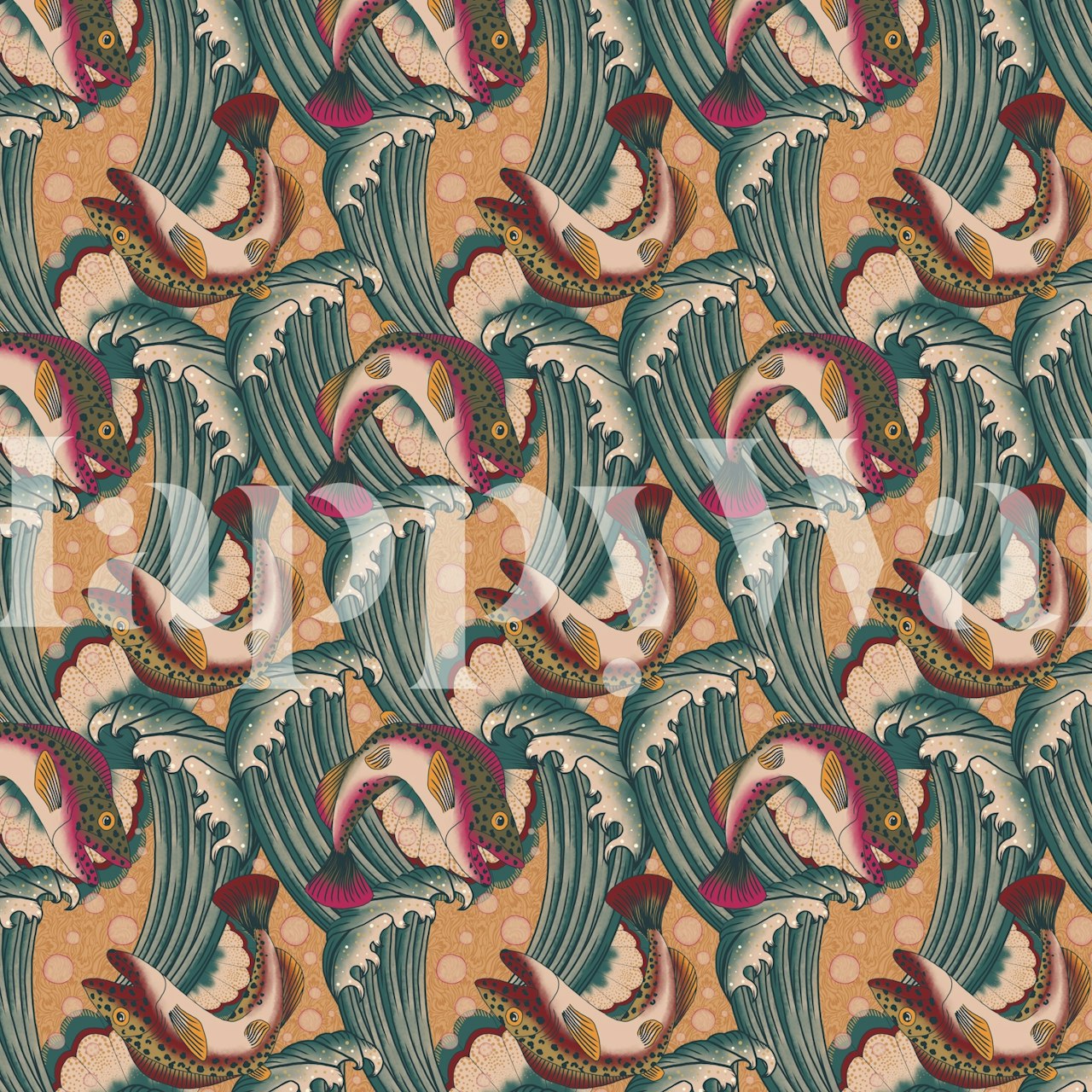 Vibrant fish swimming among turquoise waves with beige background wallpaper