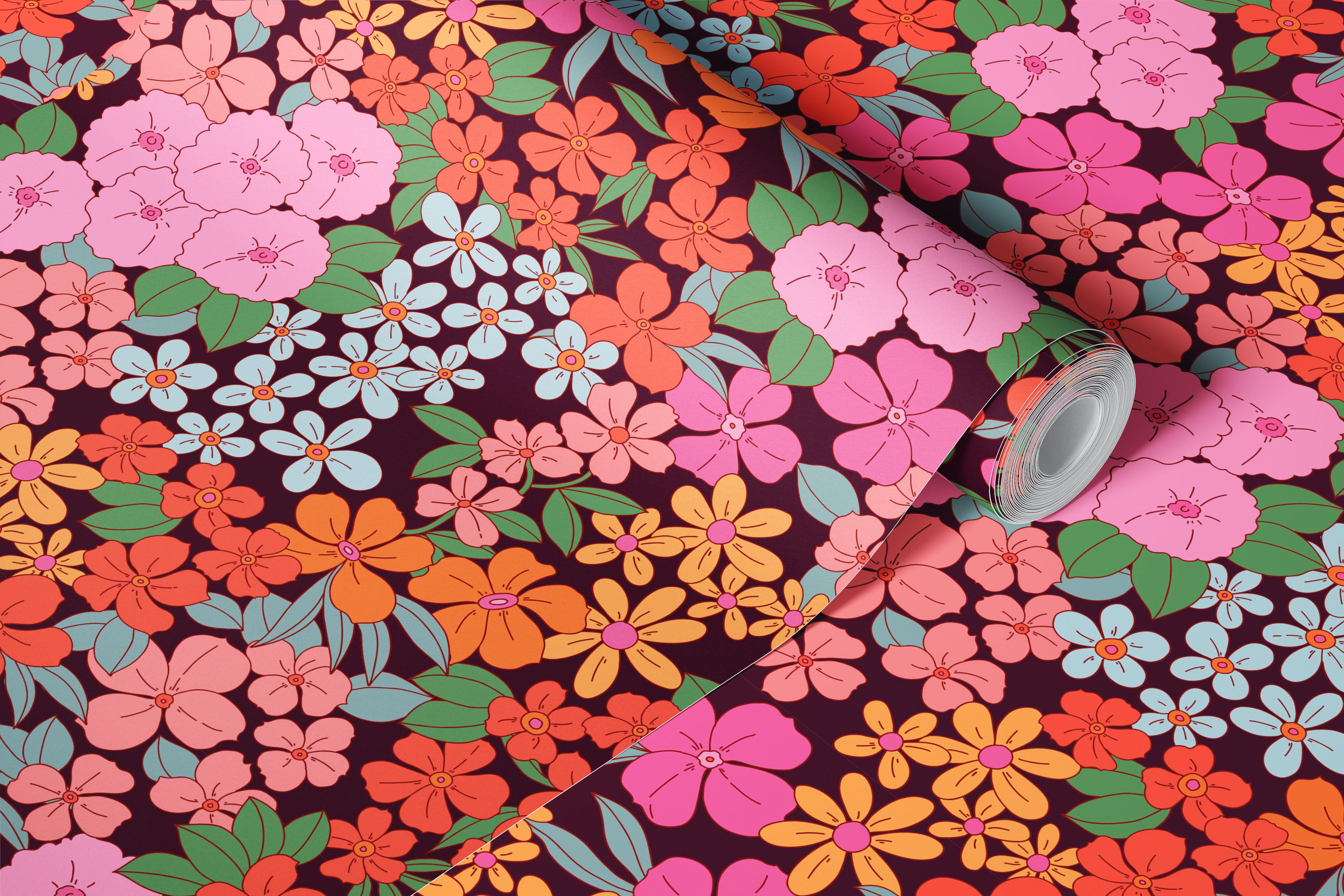 Colorful flowers in shades of pink, orange, and teal on a dark background wallpaper