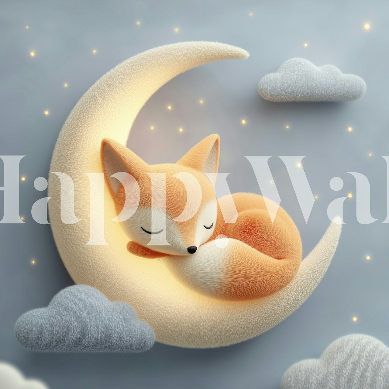 Sleeping fox on a crescent moon with clouds in soft colors wallpaper
