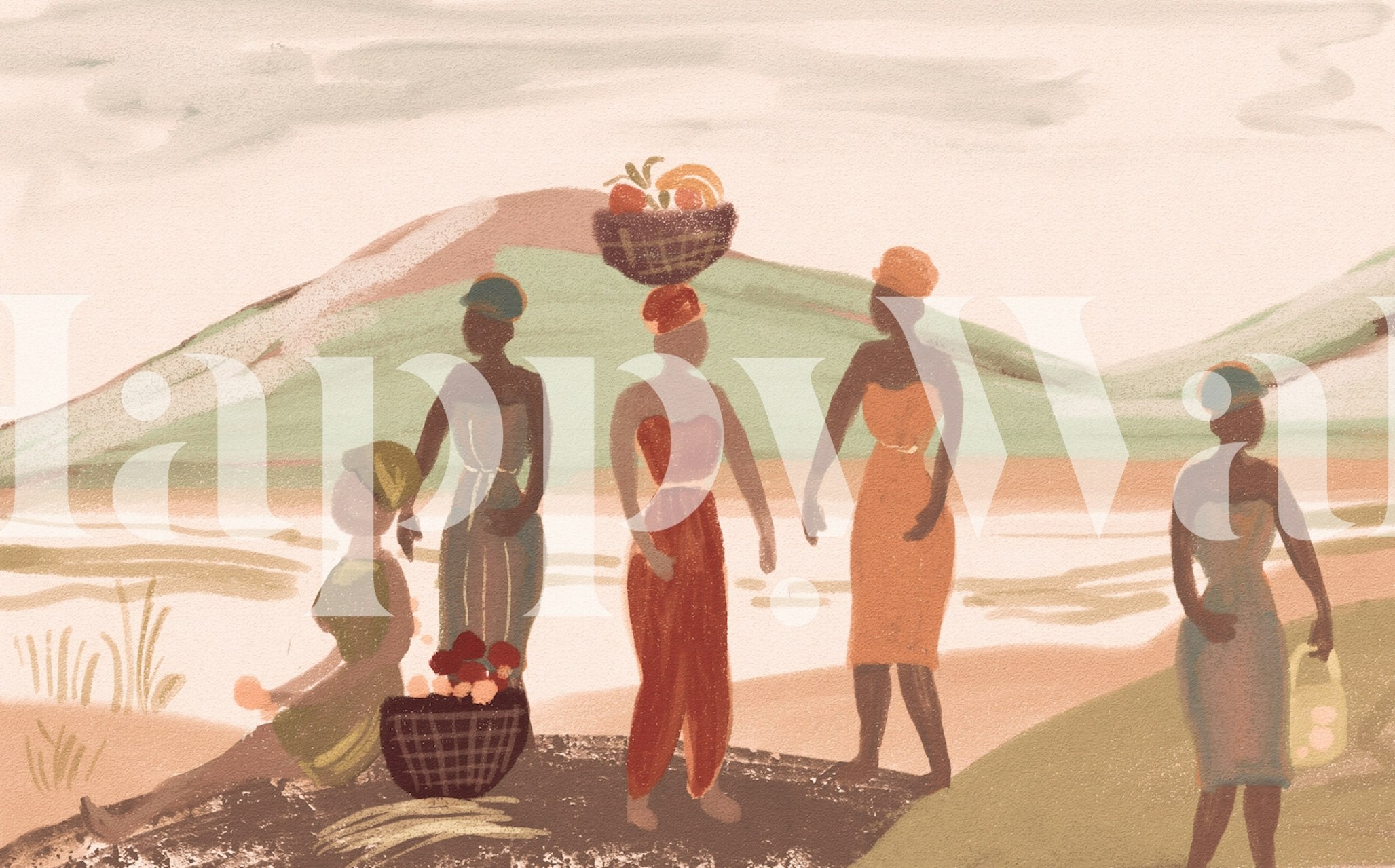 African women carrying baskets with fruits in warm tones wallpaper