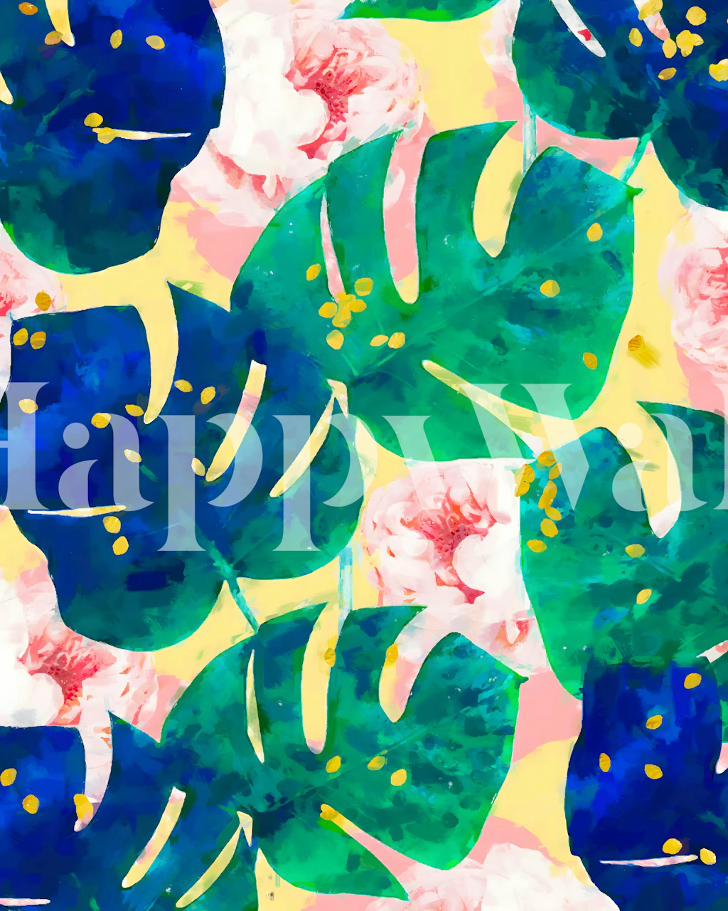 Tropical leaves and pink flowers wallpaper featuring green and pink colors in a watercolor style