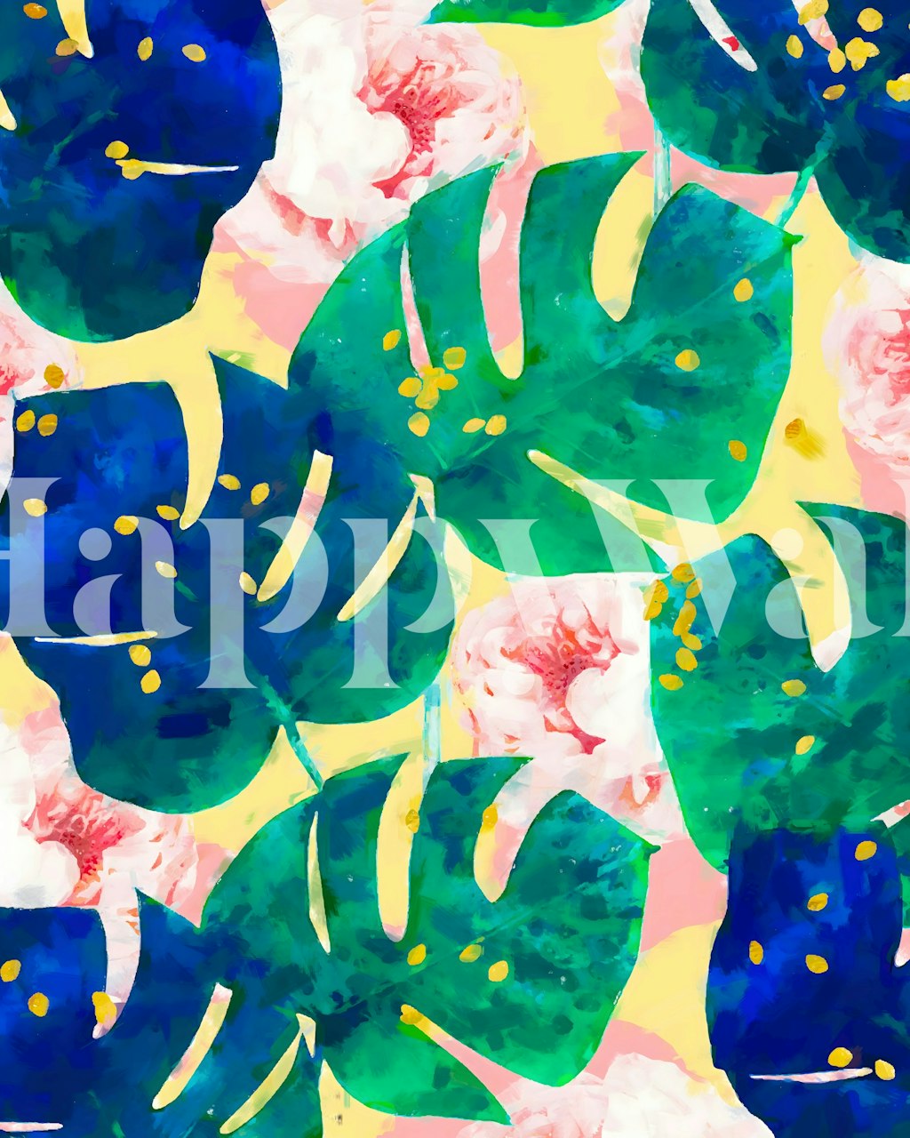 Tropical leaves and pink flowers wallpaper featuring green and pink colors in a watercolor style