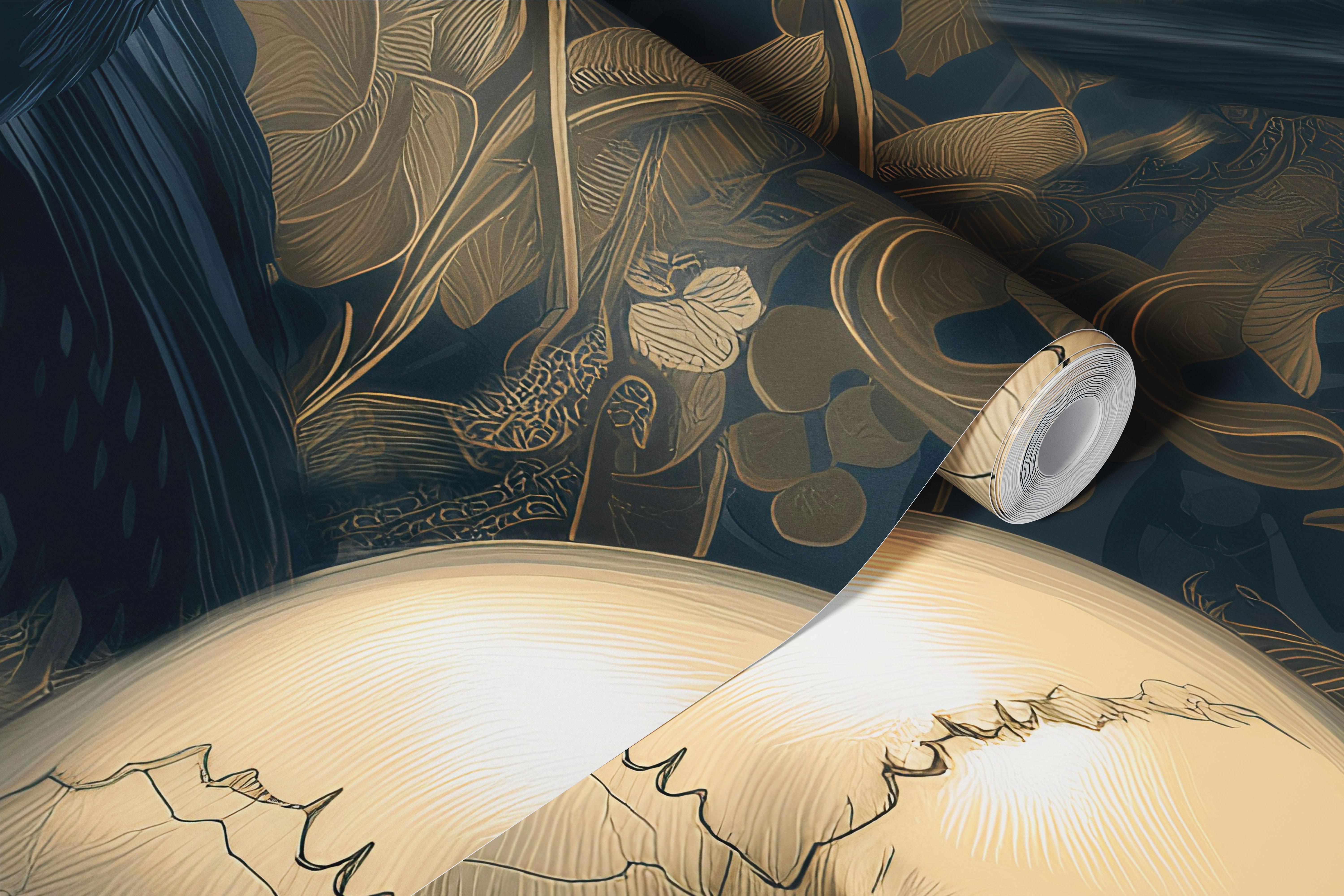 Ravens, skulls, and roses on a dark blue floral wallpaper