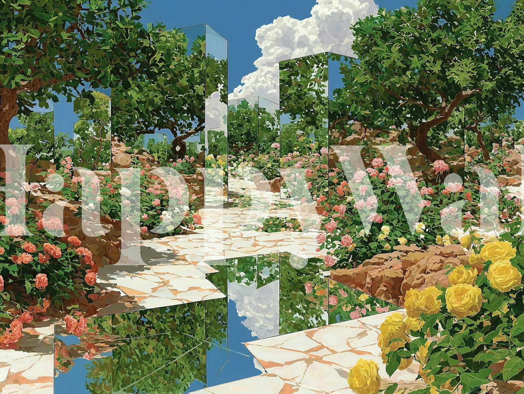 Floral garden with mirrors, bright roses and clear skies wallpaper