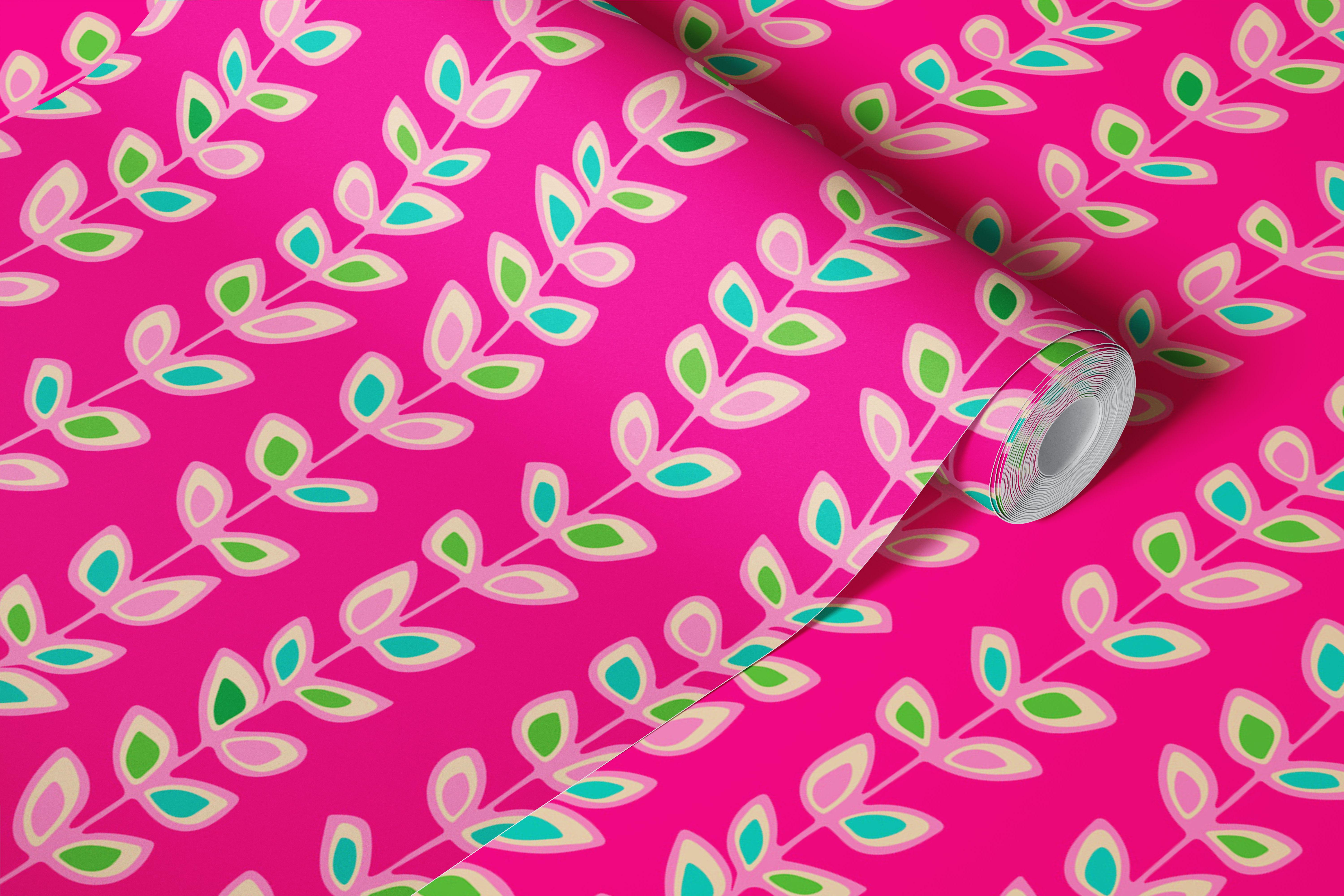 Ταπετσαρία Climbing Vines Stripe Retro Leaves Fuchsia στο δωμάτιο