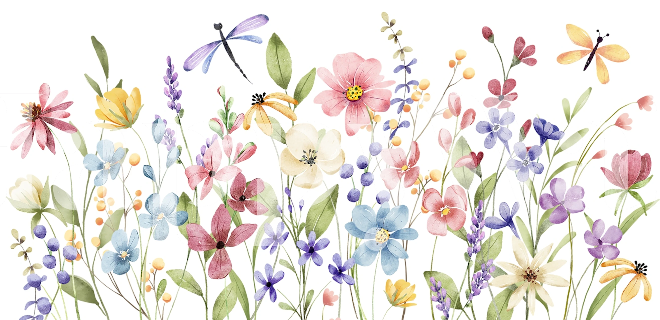 Colorful wildflowers in pink, blue, purple, and yellow hues wallpaper