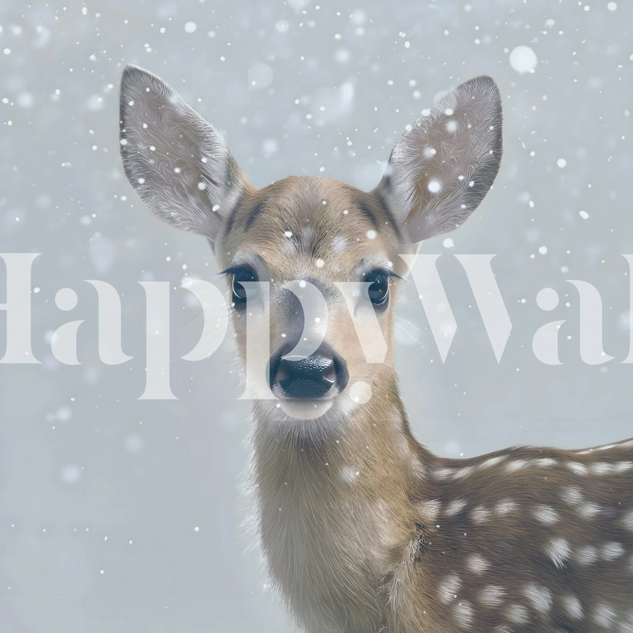 Deer with spotted fur in falling snowflakes wallpaper