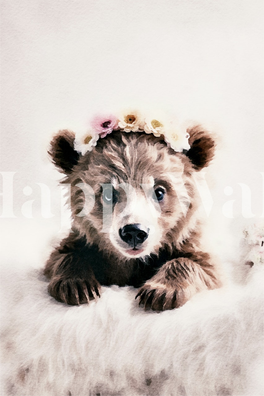 Baby bear with flower crown on a soft background wallpaper