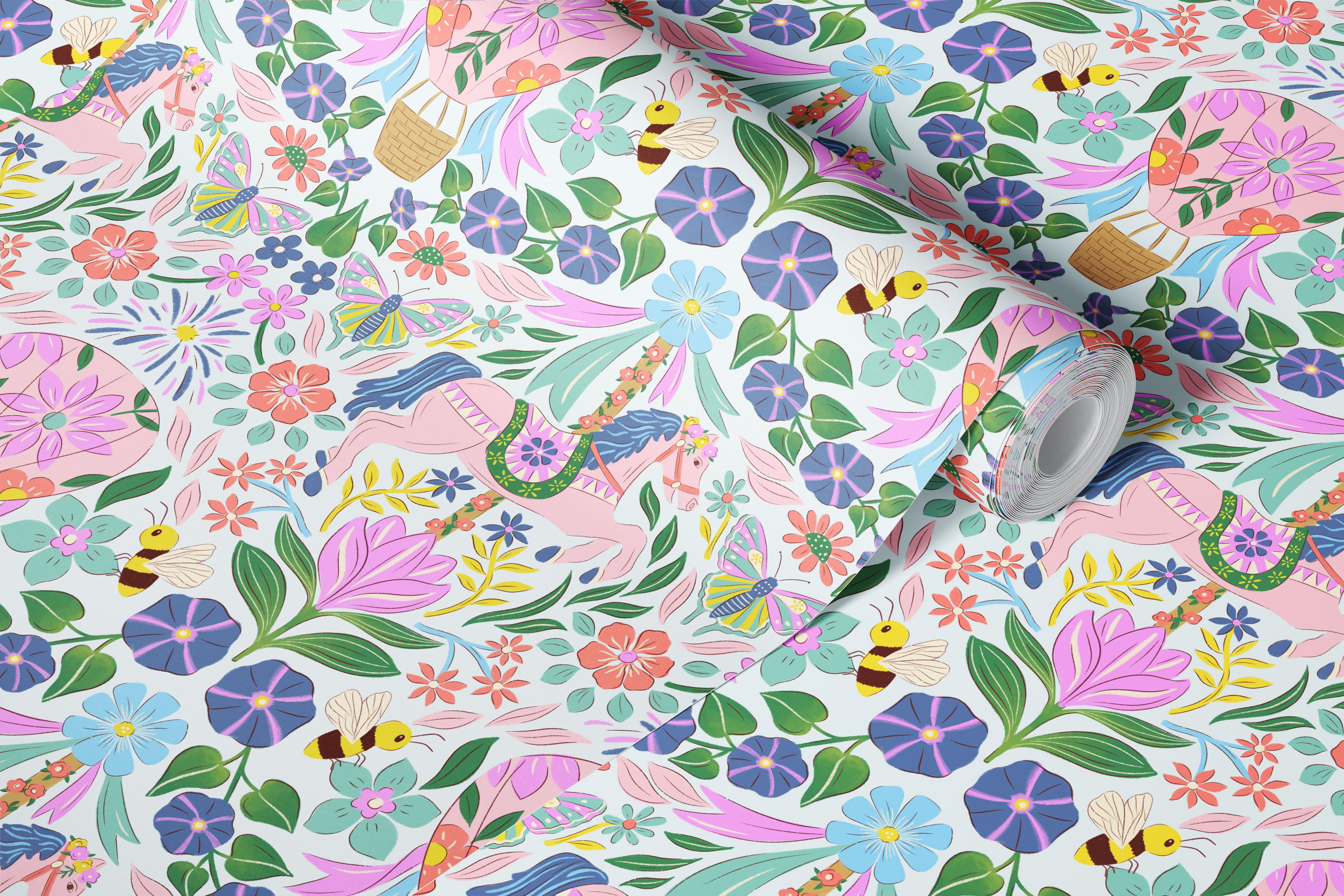 Colorful floral patterns with hot air balloons, bees, and butterflies wallpaper