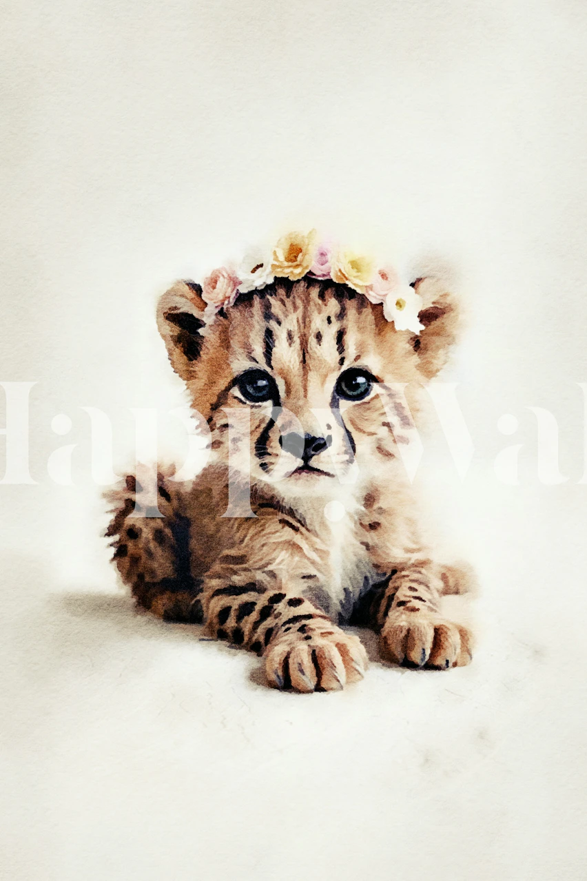 Cute cheetah cub with a flower crown on soft background wallpaper