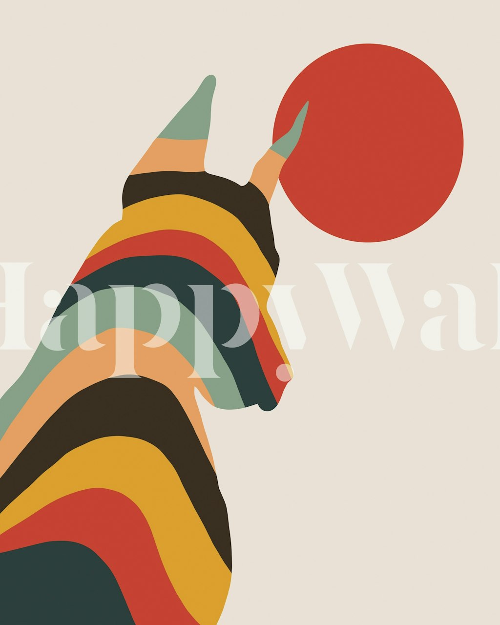 Colorful striped dog silhouette with a red sun wallpaper