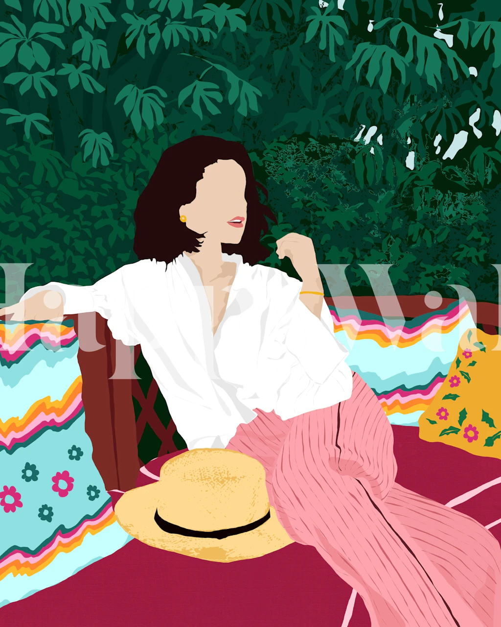 Green floral wallpaper featuring a bohemian woman with bright patterns