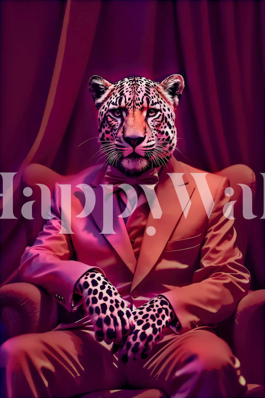 Leopard in a suit with patterned paws against a purple background wallpaper