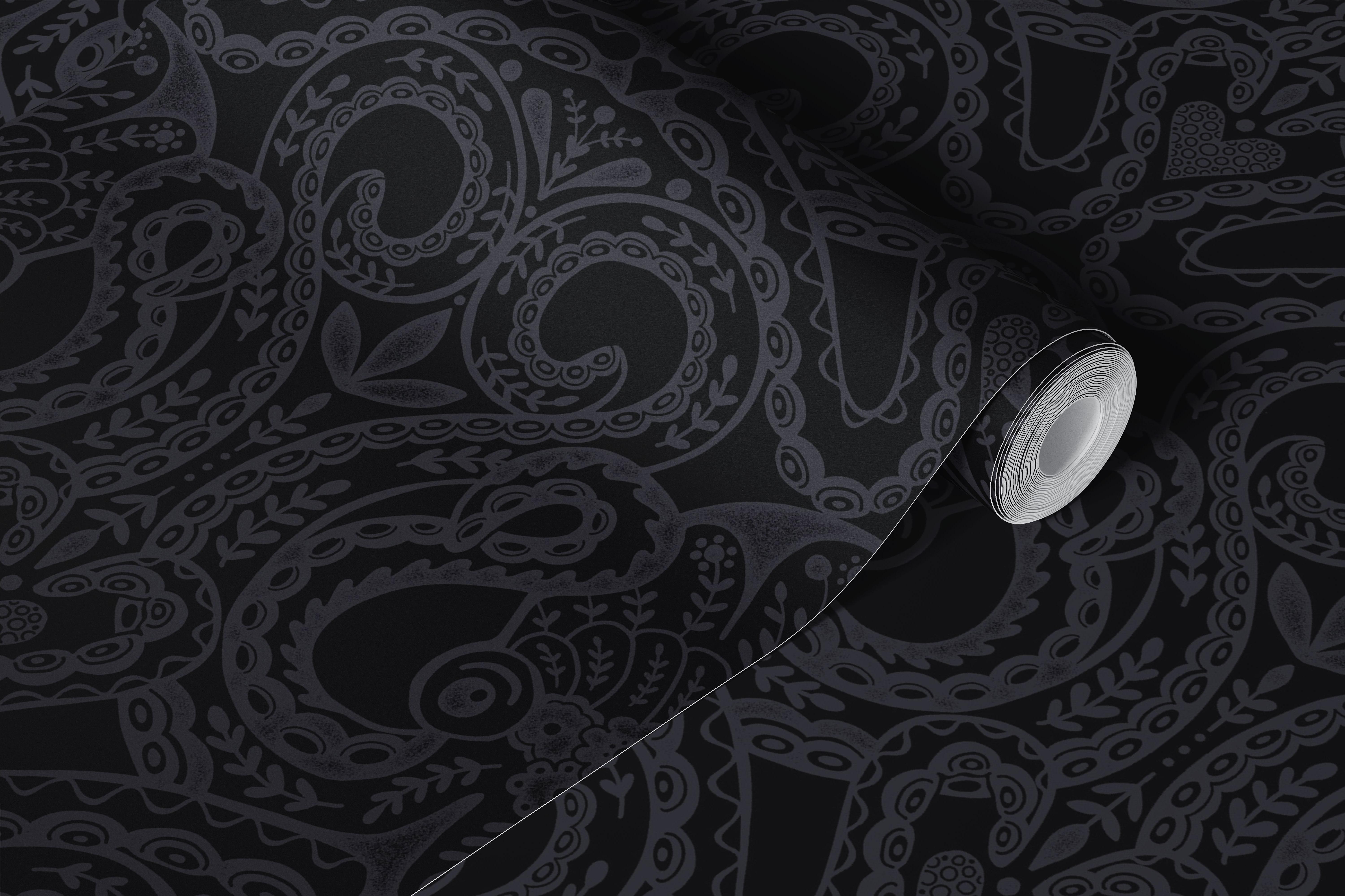 Folk octopus damask black Tapete in einem Raum