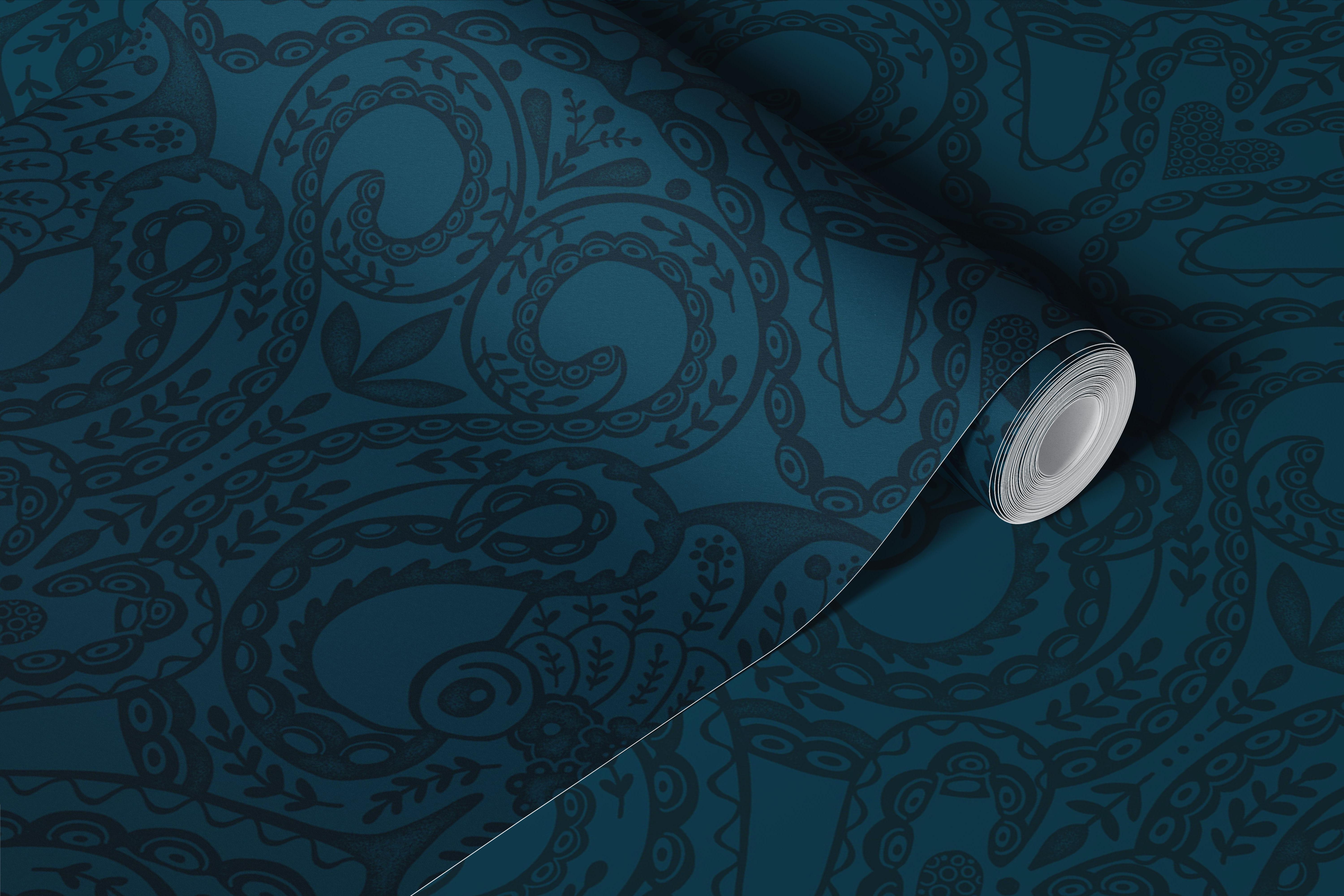 Folk octopus damask dark teal wallpaper in a room