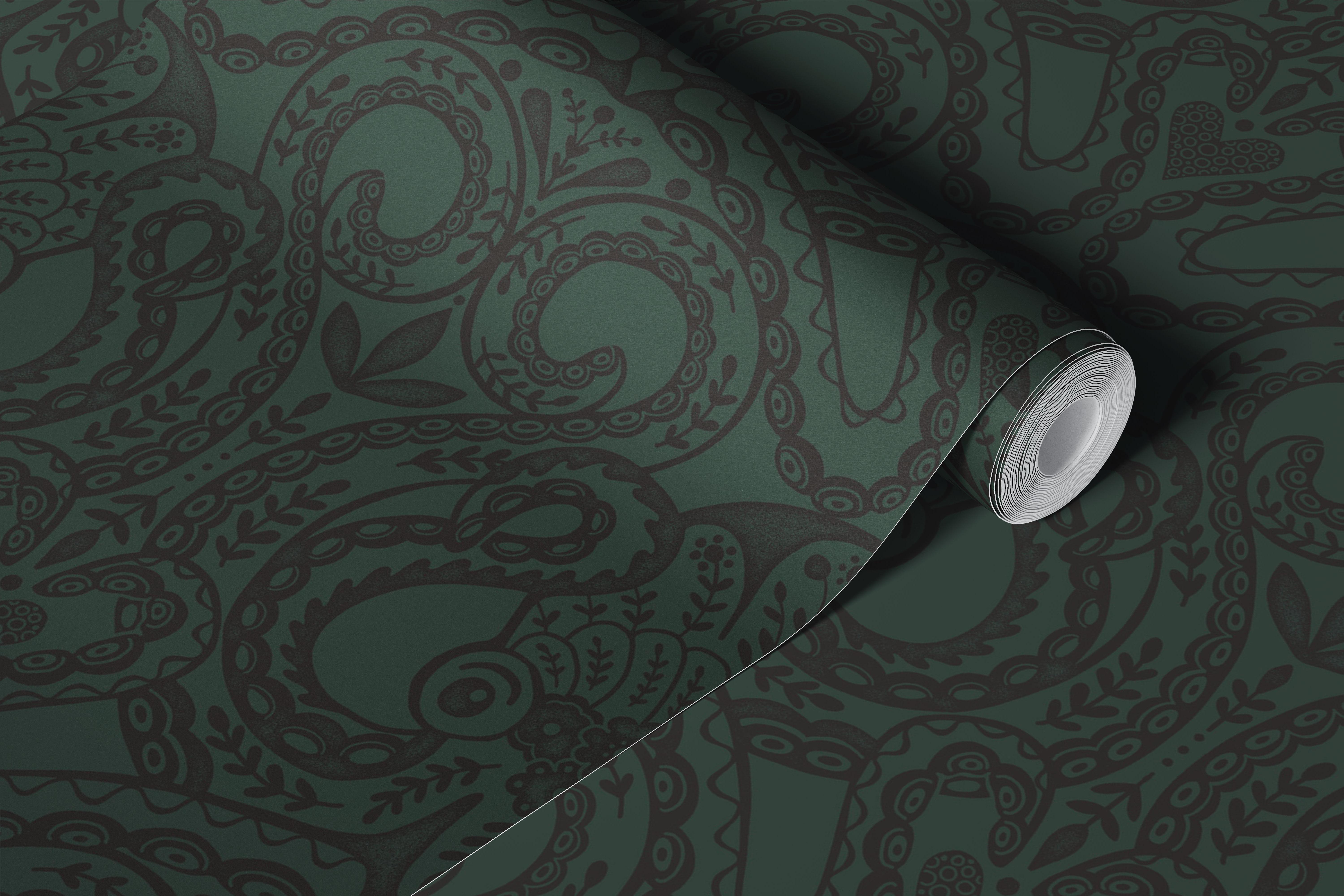 Folk octopus damask forest green ταπετσαρία σε ένα δωμάτιο