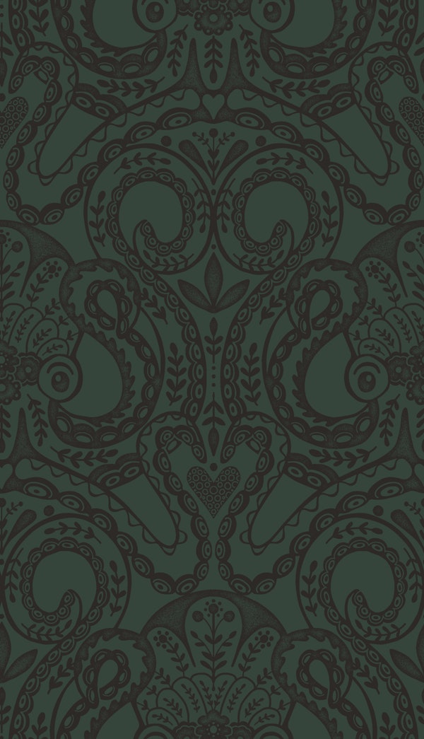 Folk octopus damask forest green