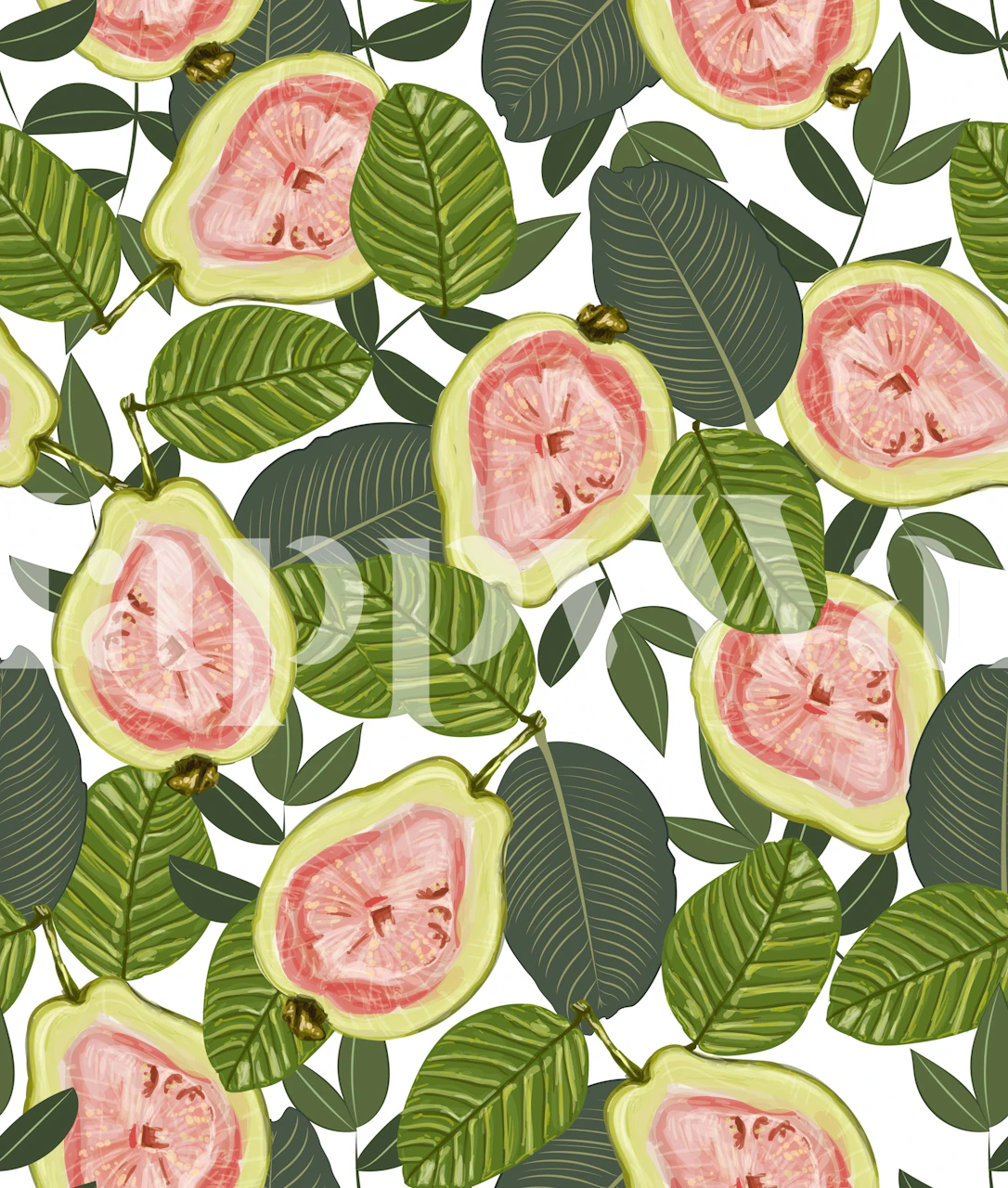 Guava slices and green leaves pattern wallpaper