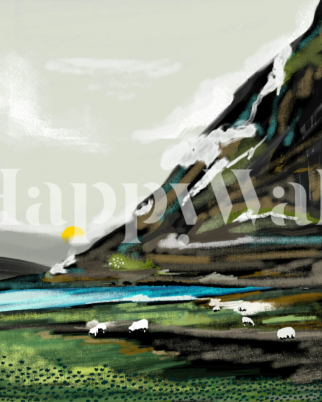 Pastoral landscape with sheep, mountain, and sun wallpaper